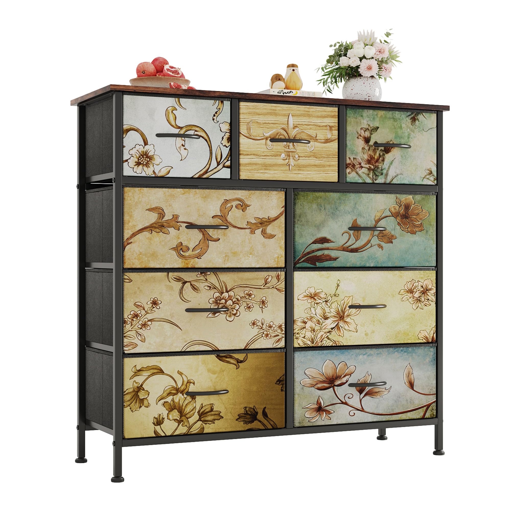 Flrrtenv Dresser with 9 Drawers for Bedroom, Tall Fabric Dresser Cloth Dresser Chest of Drawers with Metal Frame for Living Room Bedroom Hallway, Rustic Brown