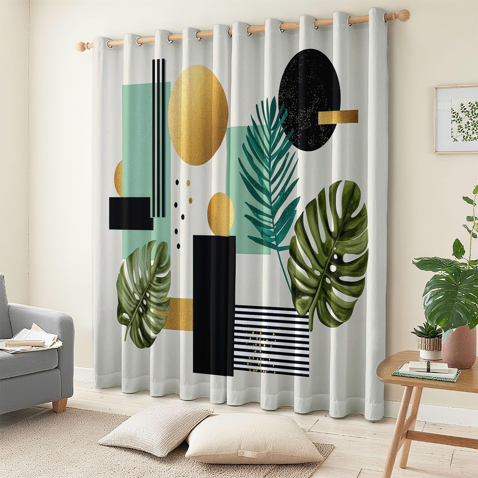 Abstracto Geométrico Plantas Rayas Cortinas Opacas térmicas Que bloquean la luz, Bohemio Cortinas Opacas con Ojales para Dormitorio y Sala de Estar 140 x 260 cm (2 Paneles)