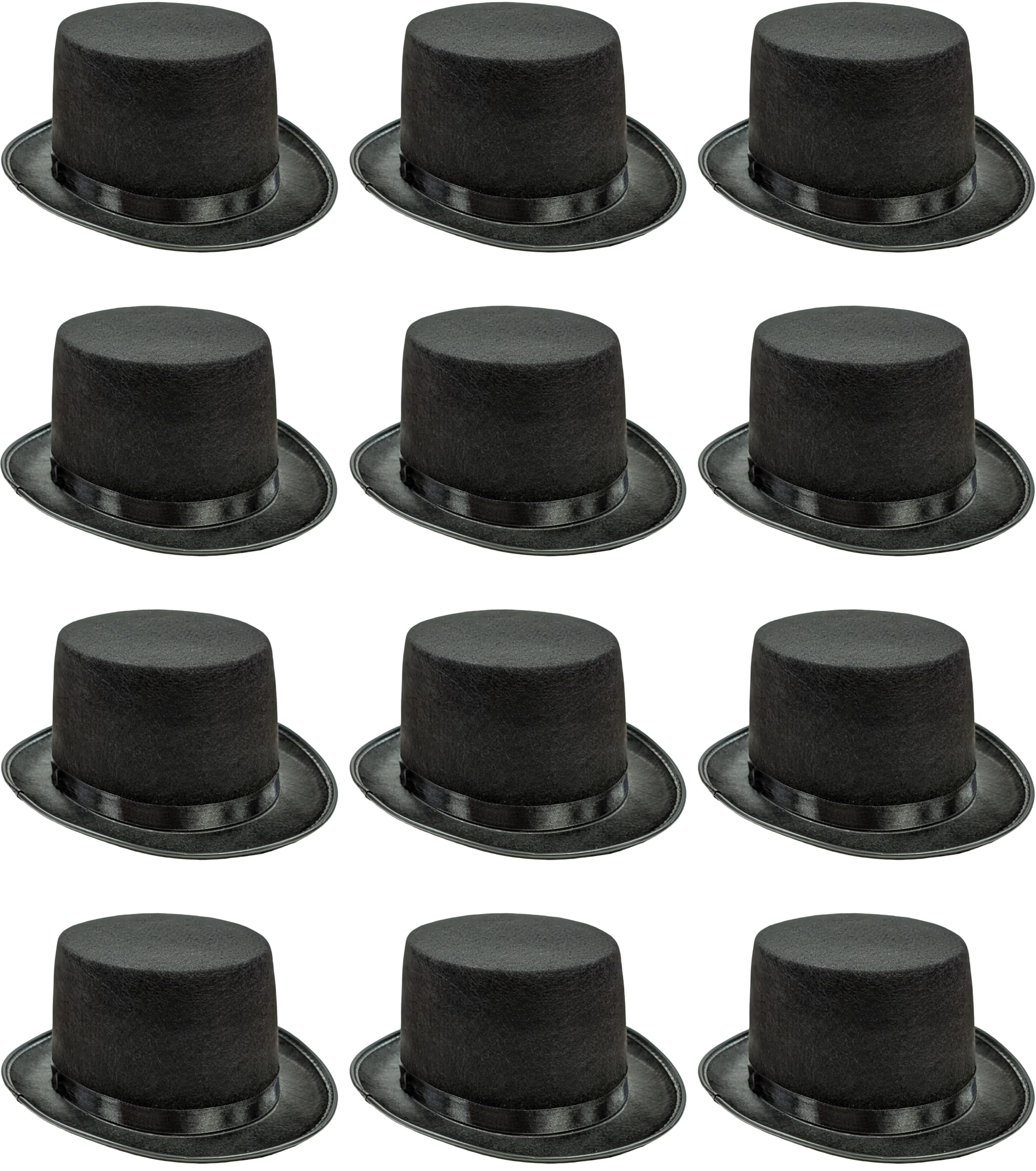 12 x Black Top Hats – Bulk Pack Fancy Dress Costume Top Hat for Adults – Unisex Size for Men & Women – Ideal for Steampunk Victorian Edwardian Magician Ringmaster Theatre Dance Cosplay & Events Props