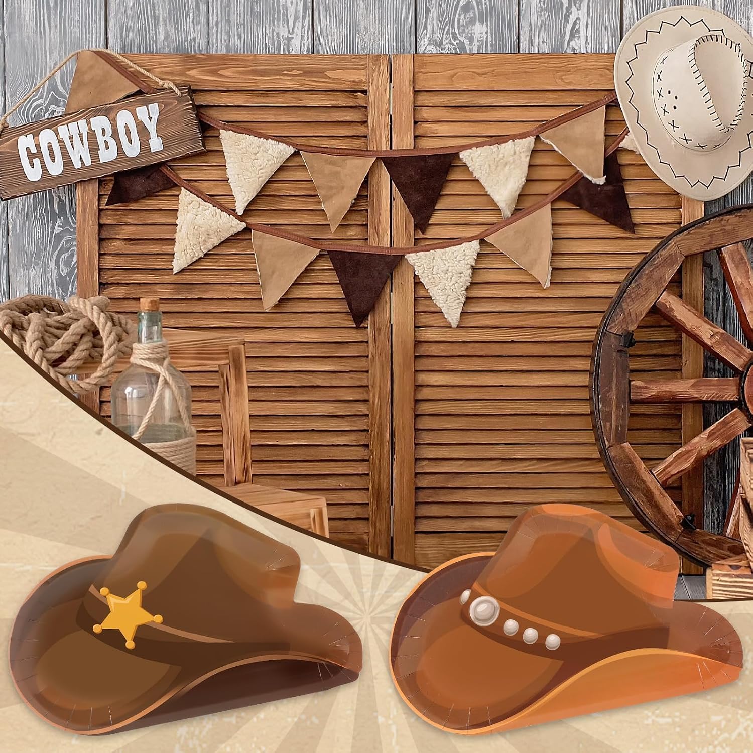 50Pcs Cowboy Paper Plates Western Cowboy Hat Plates Wild West Theme Birthday Decorations Cowgirl Party Hat Dessert Plates Cowboy Rodeo Disposable Tableware for Boy Baby Shower Party Supplies Favors
