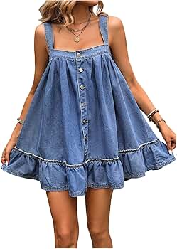 SHENHE Women's Ruffle Hem Denim Mini Dress Sleeveless Button