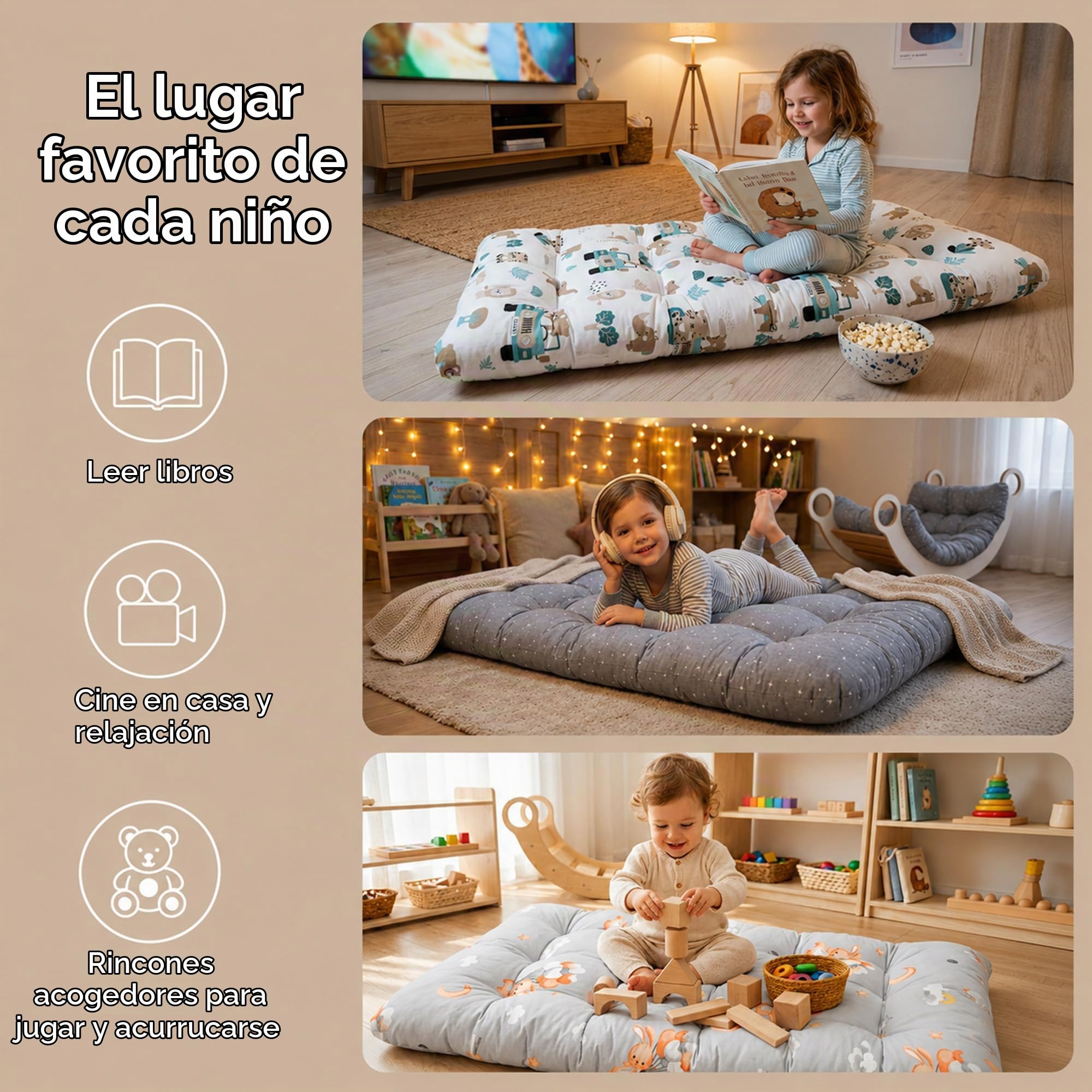 Cojín para arco Montessori y balancín 60x120 cm - colchoneta de suelo niños reversible – asiento relax lectura juego para la habitación infantil funda algodón Oeko-Tex Africa