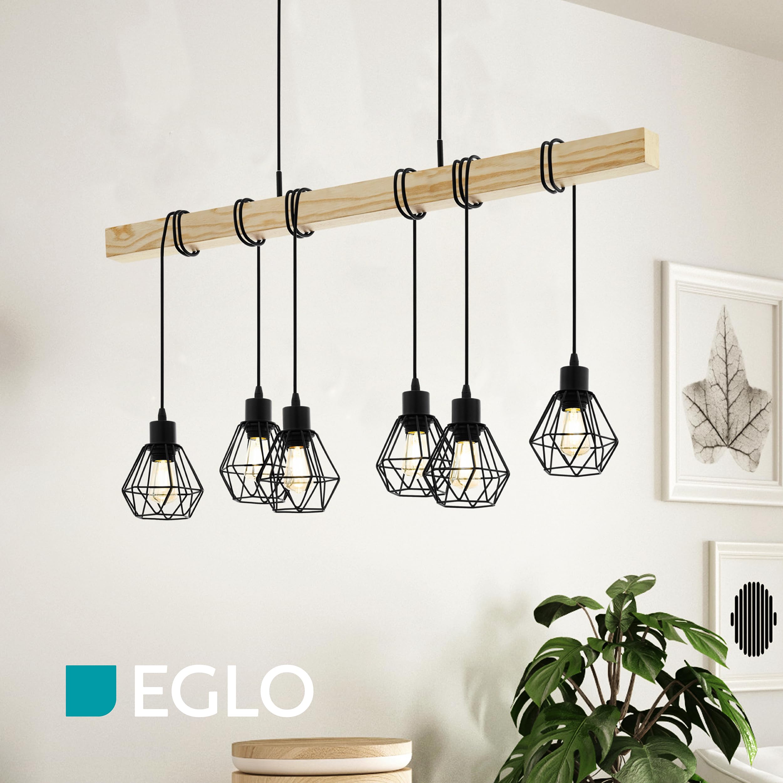 EGLO Pendellampe Townshend 5 6 flammige Vintage | Pendelleuchte im Industrial Design, Retro Hängelampe aus Stahl und Holz, Farbe: Schwarz, braun, Fassung: E27