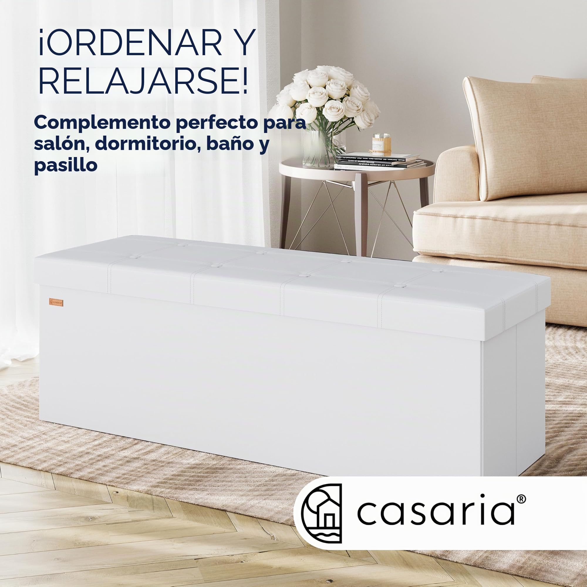 CASARIA® Banco Almacenaje Plegable Puff Reposapiés Otomana Almacenamiento Salón Dormitorio Capacidad Carga 300kg Resistente Efecto Piel 115x40x40cm Blanco