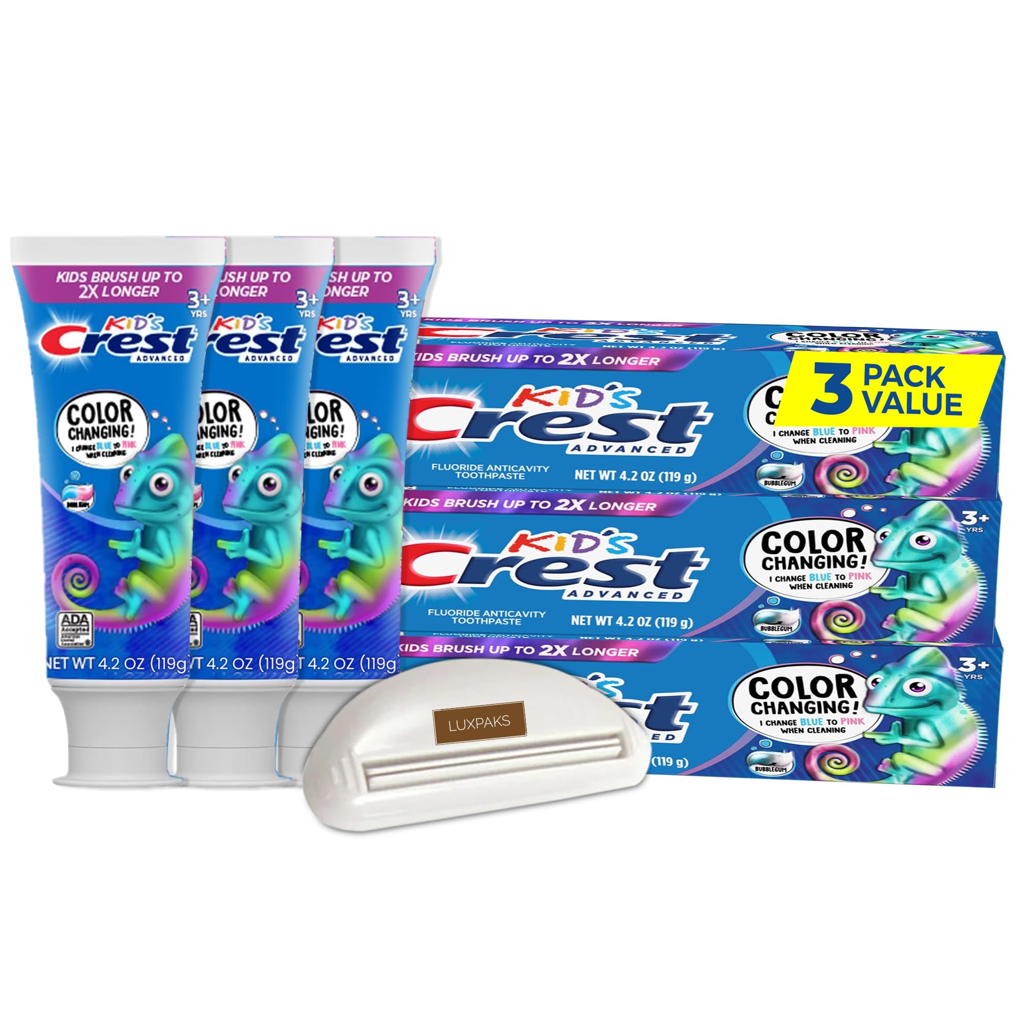 CRST Advanced Kid’s Fluoride Toothpaste, Bubblegum Flavor, 4.2 oz, 3 Count - Color-Changing Anticavity Toothpaste Bundled with LUXPAKS Squeezer