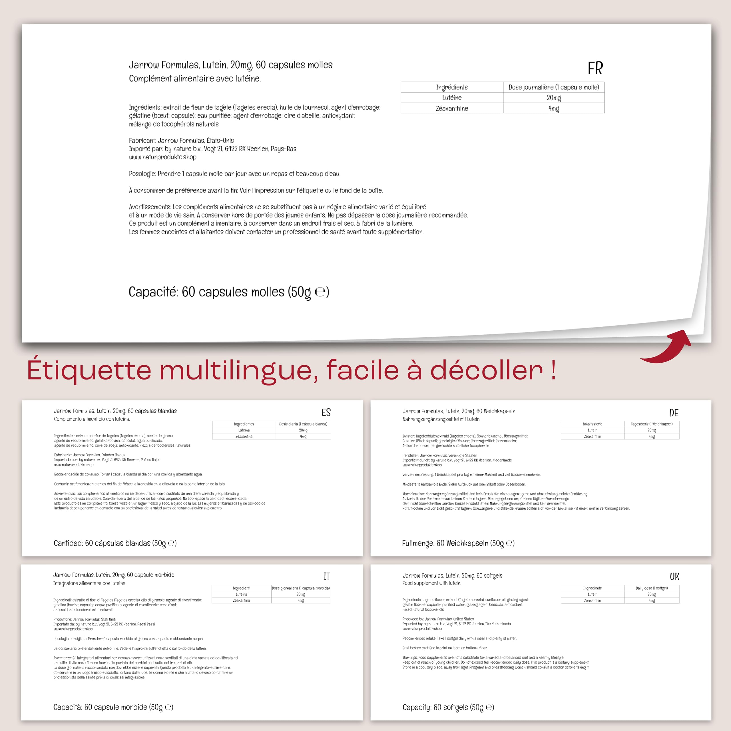 Jarrow Formulas, Lutein, 20mg, avec Zéaxanthine, 60 Capsules molles, Sans Gluten, Sans Soja, Sans OGM