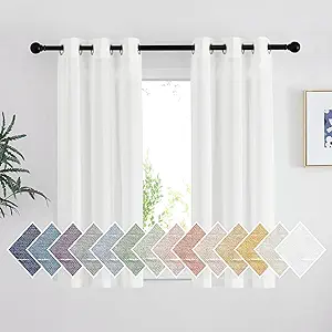 NICETOWN Short Linen Curtains for Kids Room 48 inches Long, Grommet Flax Semi Sheer Window Treatments Privacy with Light Filtering for Bedroom/Bathroom, Ivory, 2 Panels, W36 x L48