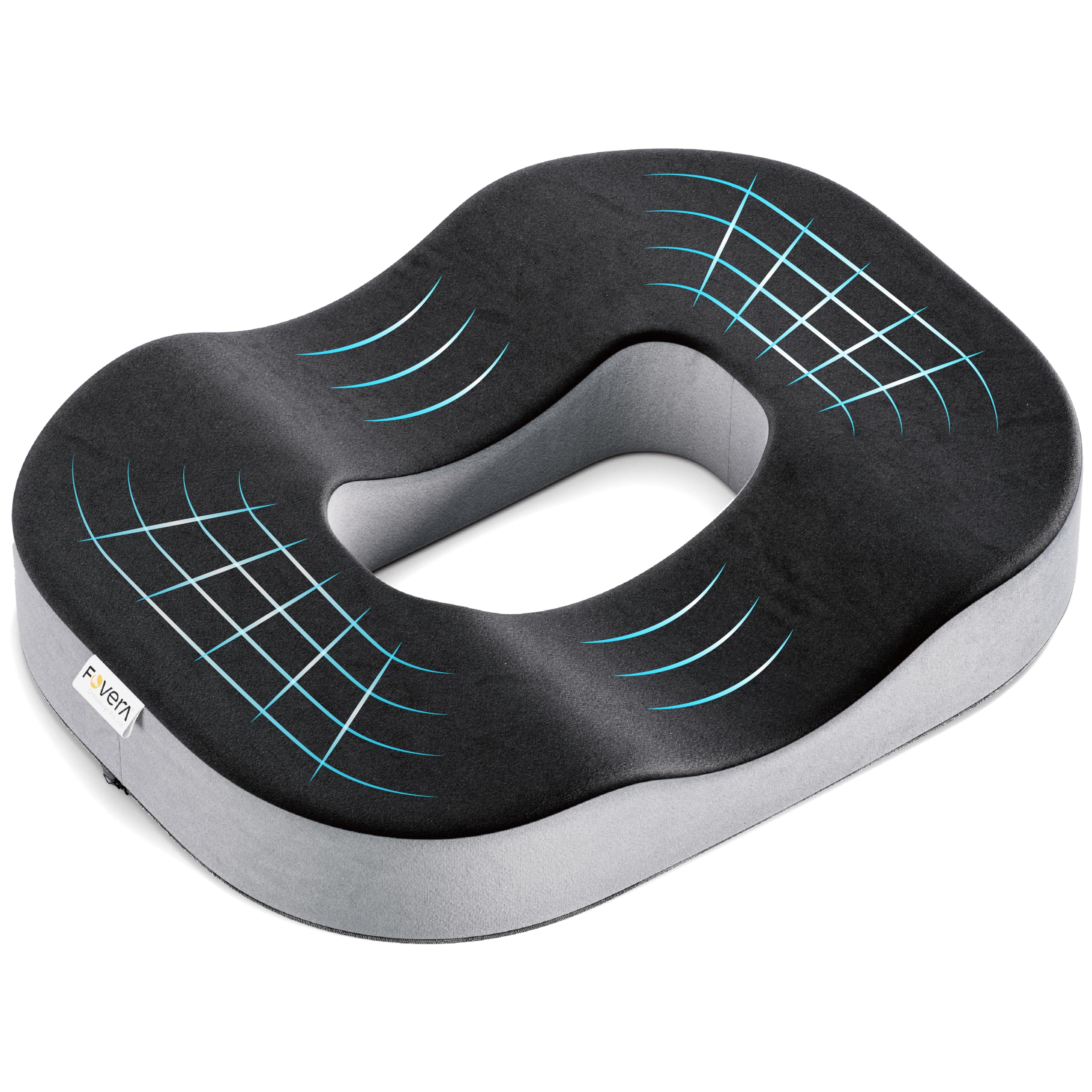 FOVERA Donut Pillow for Tailbone Pain, Orthopedic Memory Foam Donut Seat Cushion, Piles Pillow for Hemorrhoids, Pain Relief for Piles, Coccyx, Prostate, Sciatica, Post-Natal, Pregnancy (Black & Grey)