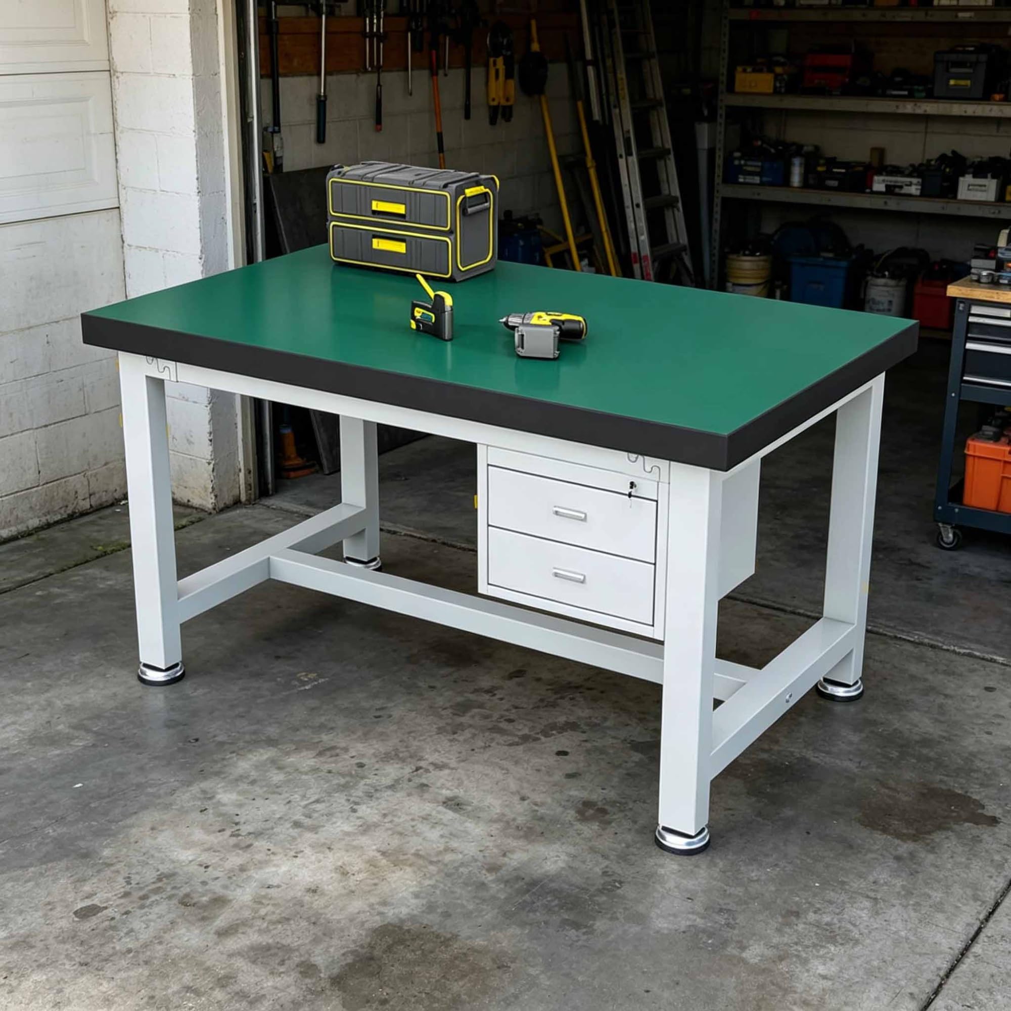 Banco da lavoro per garage, banco da lavoro antistatico, postazione di lavoro in acciaio laminato a freddo, 2 cassetti con serratura, ideale per manutenzione e uso in laboratorio(100 * 60 * 80cm)