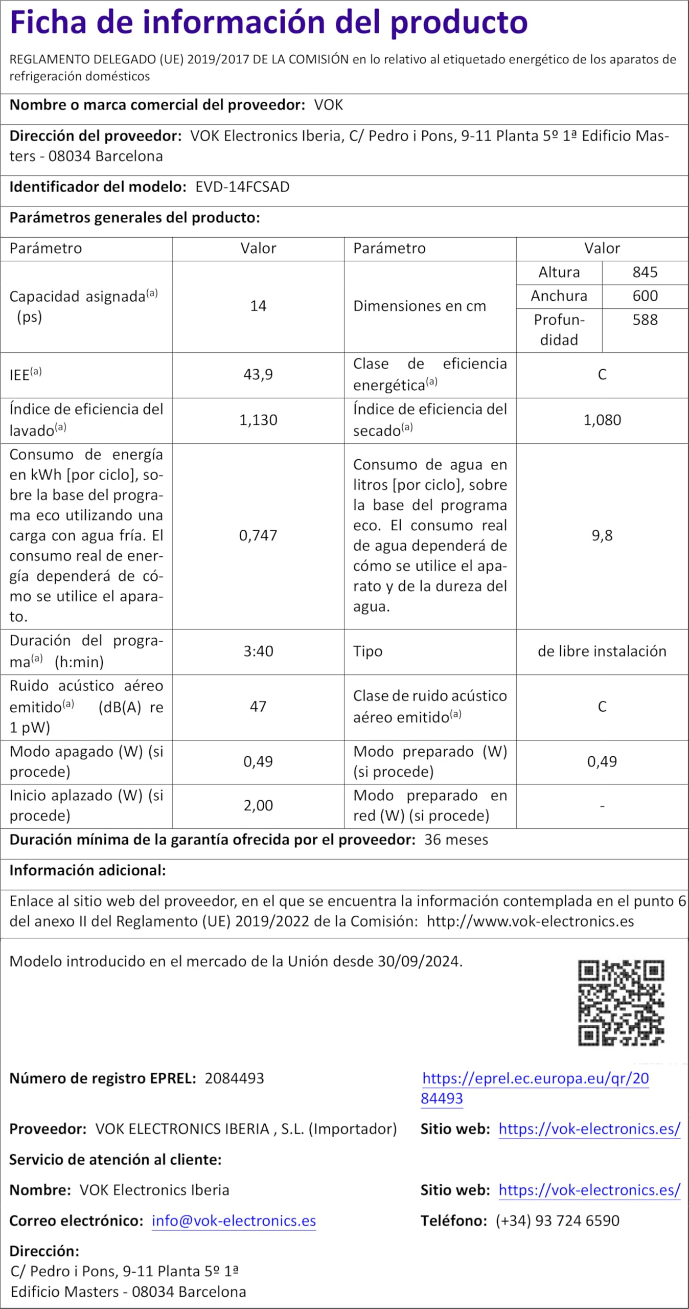 VOK Lavavajillas 60 cm 14 Cubiertos Inox – 3ª Bandeja, 8 Programas, 47 dB Silencioso, Apertura Automática, Aquastop, Cesta Ajustable – Eficiencia Energética C – Instalación Incluida