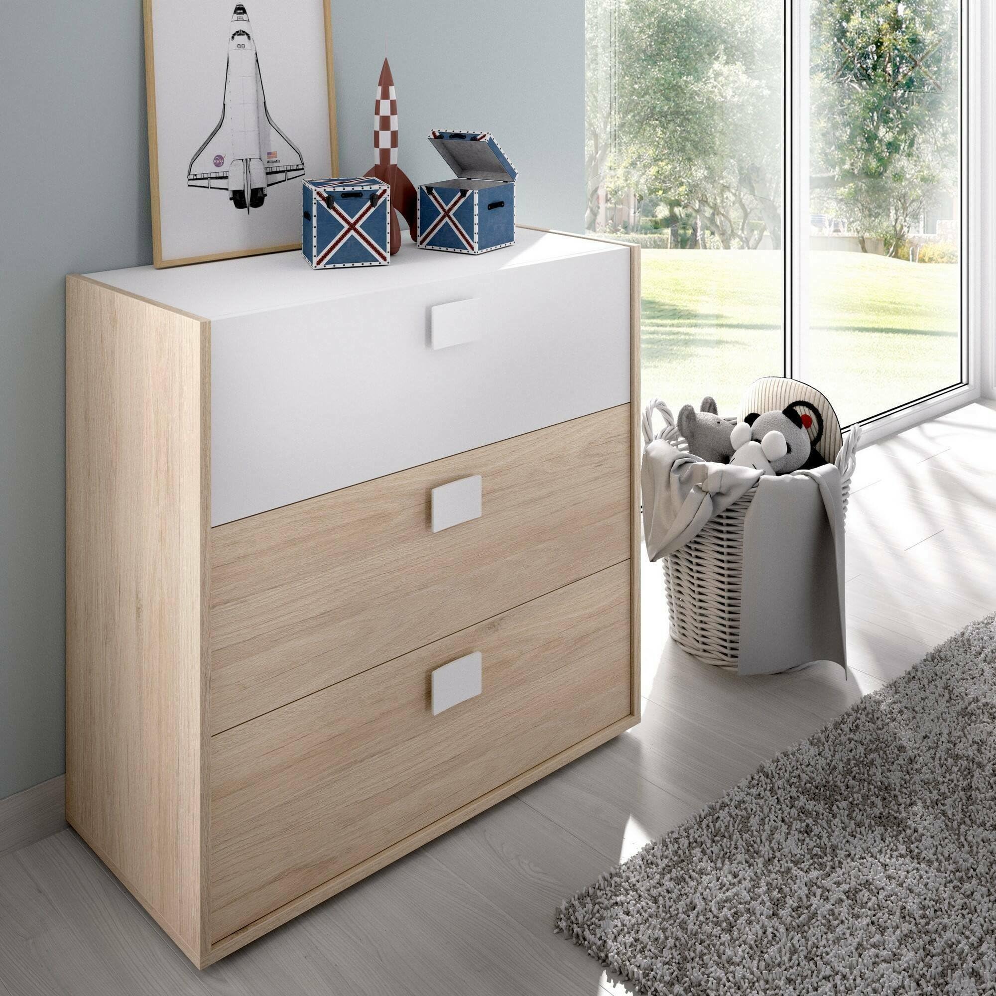 Dmora - Cassettiera Sella, Settimanale per camera da letto, Comò con 3 cassetti, 80x43h81 cm, Rovere e Bianco