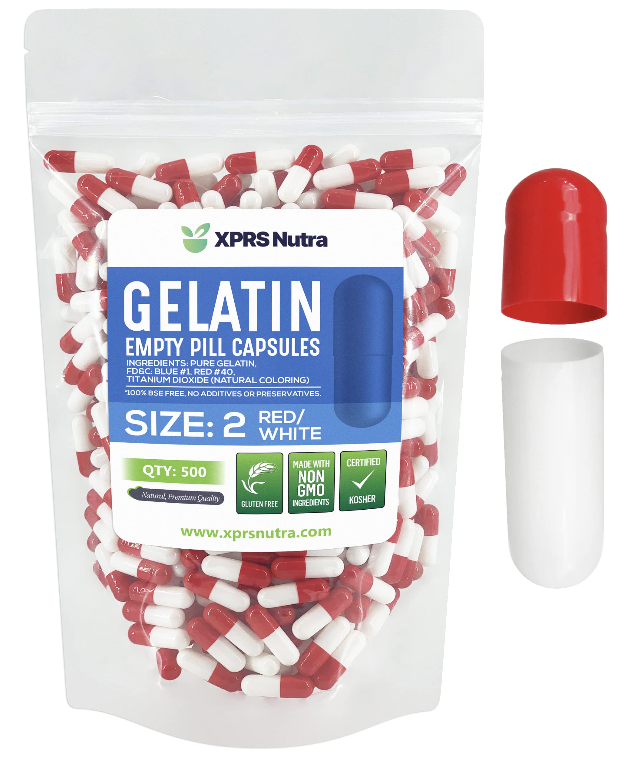 XPRS Nutra Size 2 Empty Capsules - 500 Count Empty Gelatin Capsules - Pills DIY Capsule Filling - Pure Bovine Pill Gel Caps for Do-It-Yourself Supplements (Red/White) 500 Count (Pack of 1) Red/White