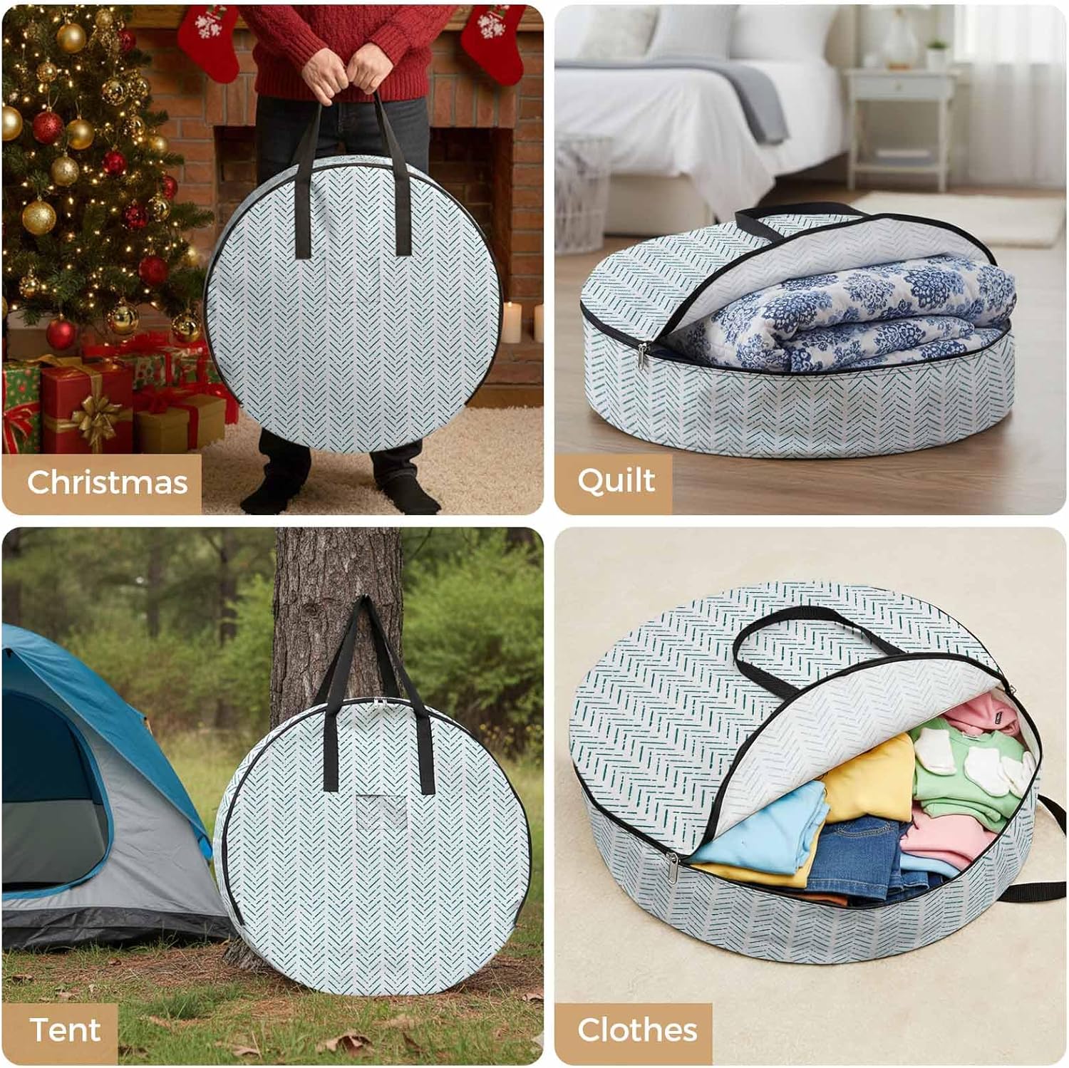 Blue Striped Round Storage Bag 36 Inch, Geometric Clothes Storage Container with Handles Heavy Duty Organizer for Comforter, Bedding & Holiday Wreaths