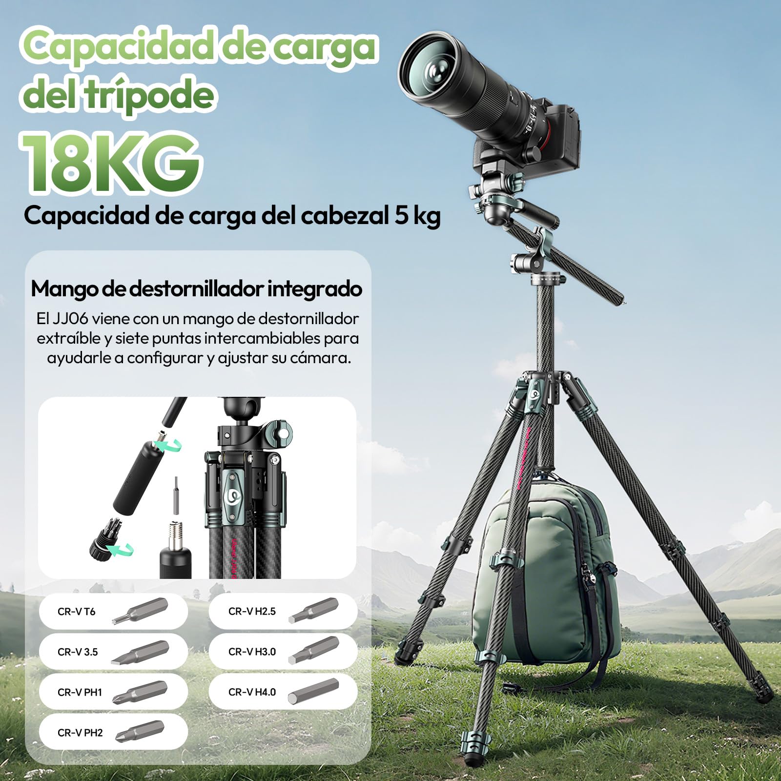 ULANZI JJ06 GlideGo Trípode de Vídeo de Fibra de Carbono, Trípode de Cámara con Doble Cabezal panorámico de 360°, -50°/+60° Tilt Pan, Placa de Liberación Rápida Uka y Mango Destornillador, 18kg MAX
