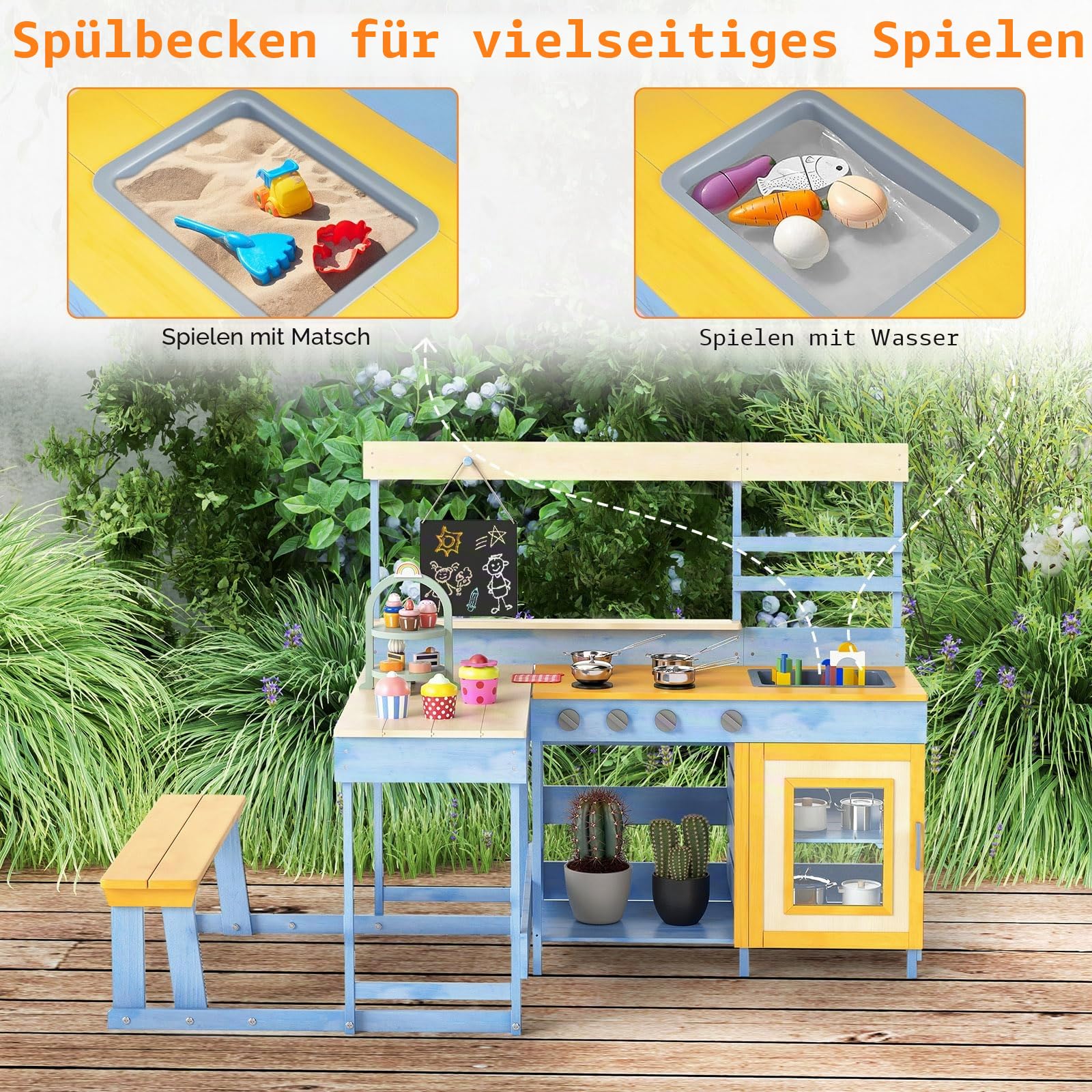 FANTASK Tannenholz Kinderküche, Matschküche mit Picknicktisch & Bank, Dessertzubehör Küchengeschirr Tafel, Outdoor Spielküche Küche für Kinder ab 3 Jahren (Hellblau)