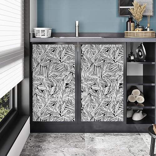 Miniatura 3 de Papel tapiz de hojas negras para despegar y pegar, papel tapiz de hoja de palma tropical negro para baño, dormitorio, papel de contacto floral para