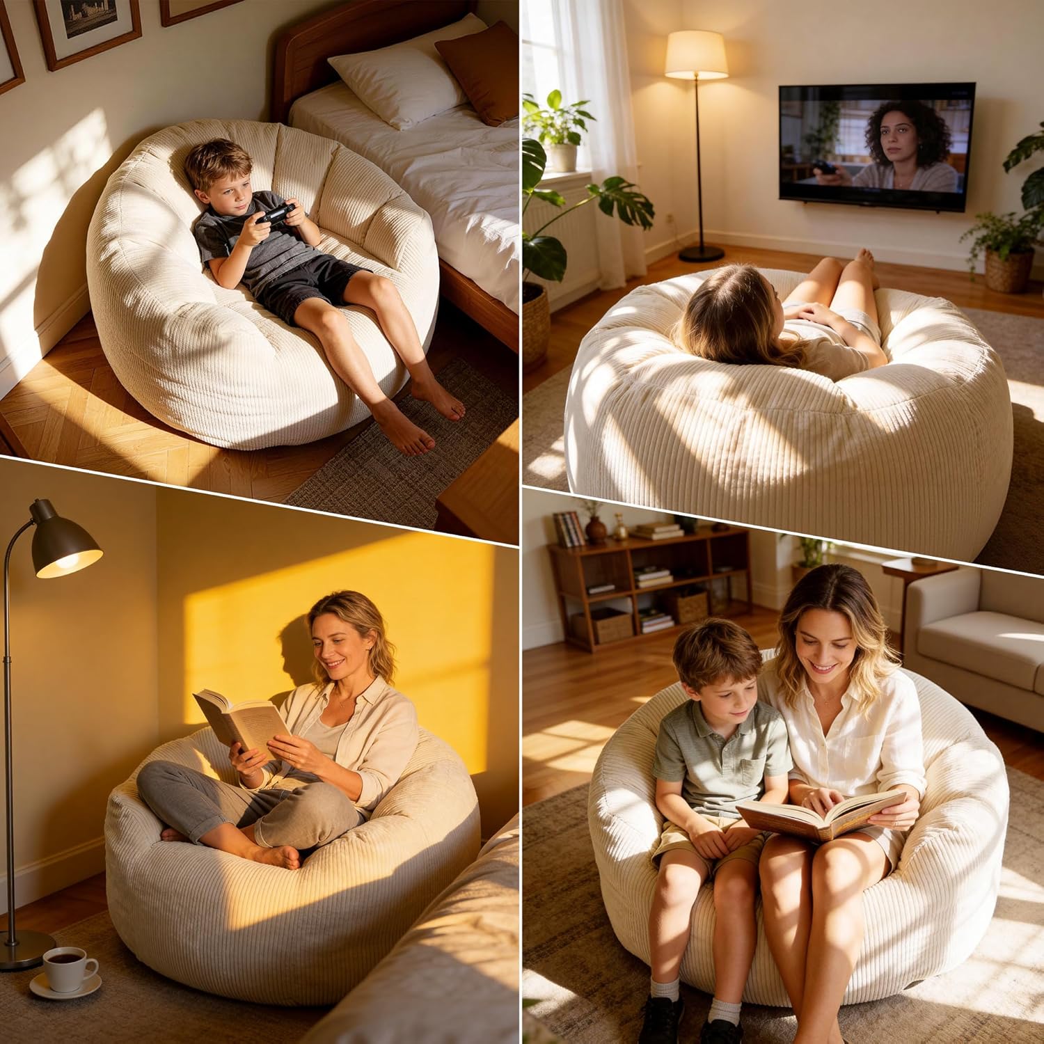Frassie Bean Bag Chair for Adult Comfy Reading Gaming Lounging Chair Fluffy Beanbag Floor Seating Sofa for Bedroom Living Room Apartment Dorm (Beige)