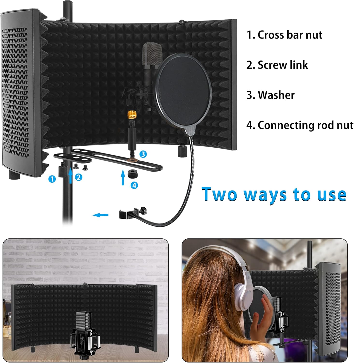 Microphone Isolation Shield with Stand Curved Panel, Foldable Mic Shield with Triple Sound Insulation, Studio Mic Sound Absorbing Foam Reflector for Sound Recording, Podcasts