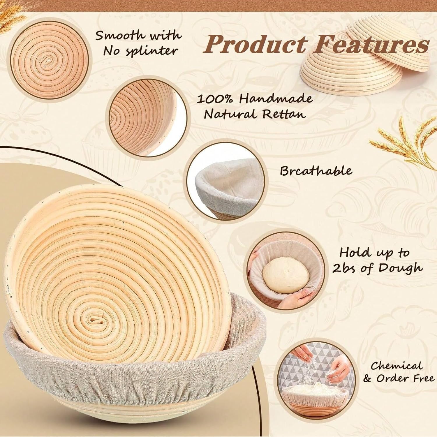 Banneton Proof Basket - Set di 6 cestini per la fermentazione in rattan naturale, 6 pollici