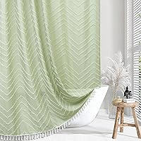 Vista 17 de Cortina de ducha bohemia rosa de tela tejida con borlas blancas, bonita cortina de ducha moderna de granja con textura tufted de chevrón a rayas