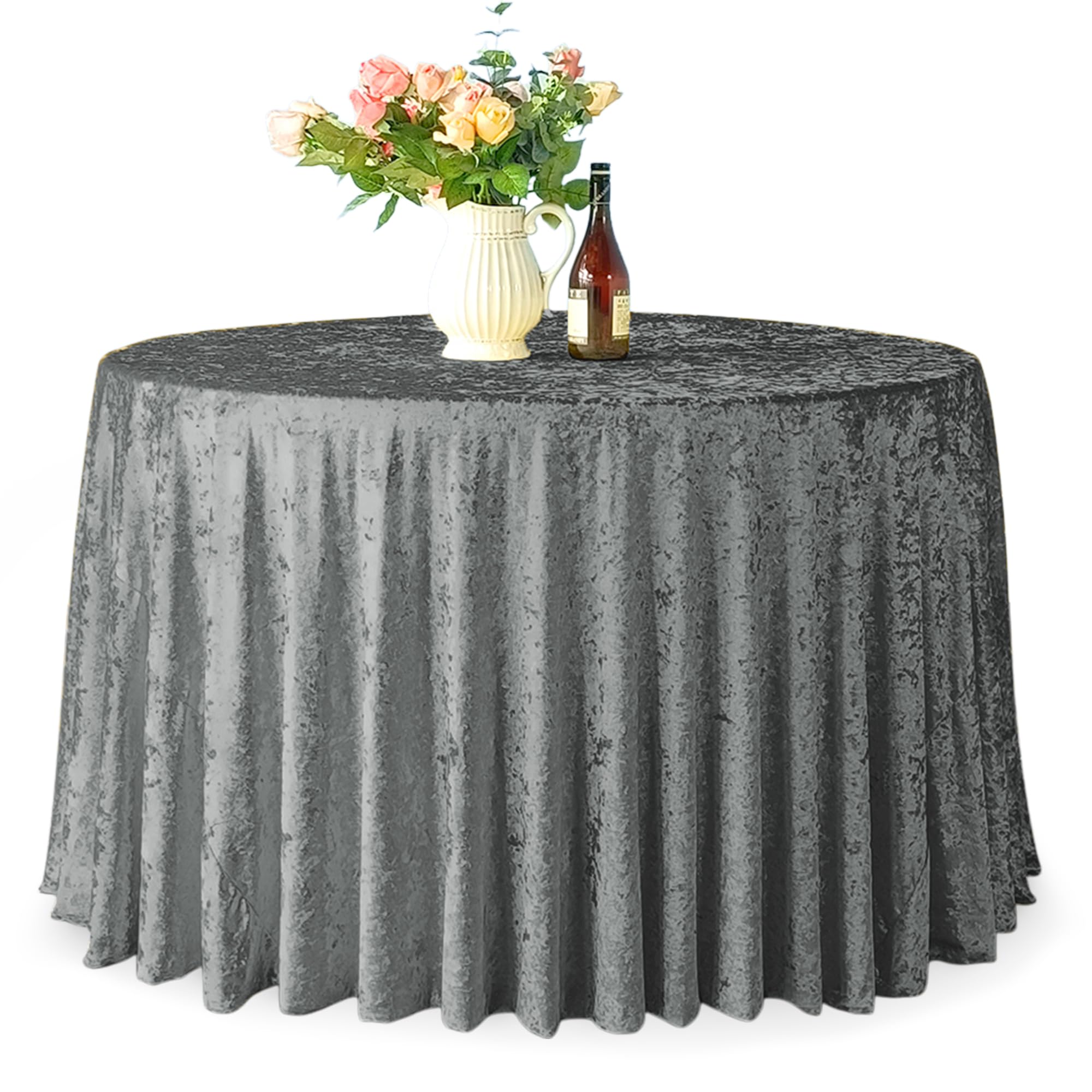 Trimming Shop 108" Round Silver Crushed Velvet Table Cloth, Washable Soft Fabric Glitz Table Cover for Wedding, Banquet, Kitchen, Birthday, Holiday, Dinner Party Decoration, Pack of 10