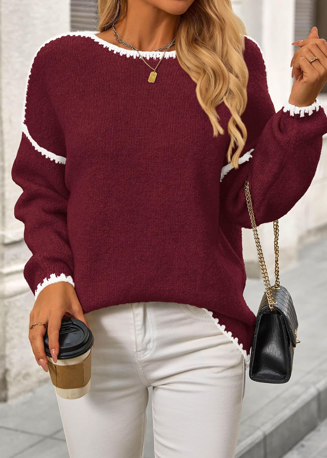 KIRUNDO Womens Sweaters 2026 Fall Oversized Long Sleeve Chunky Knit Crew Neck Contrast Stitching Pullover Winter Clothes - Image 4