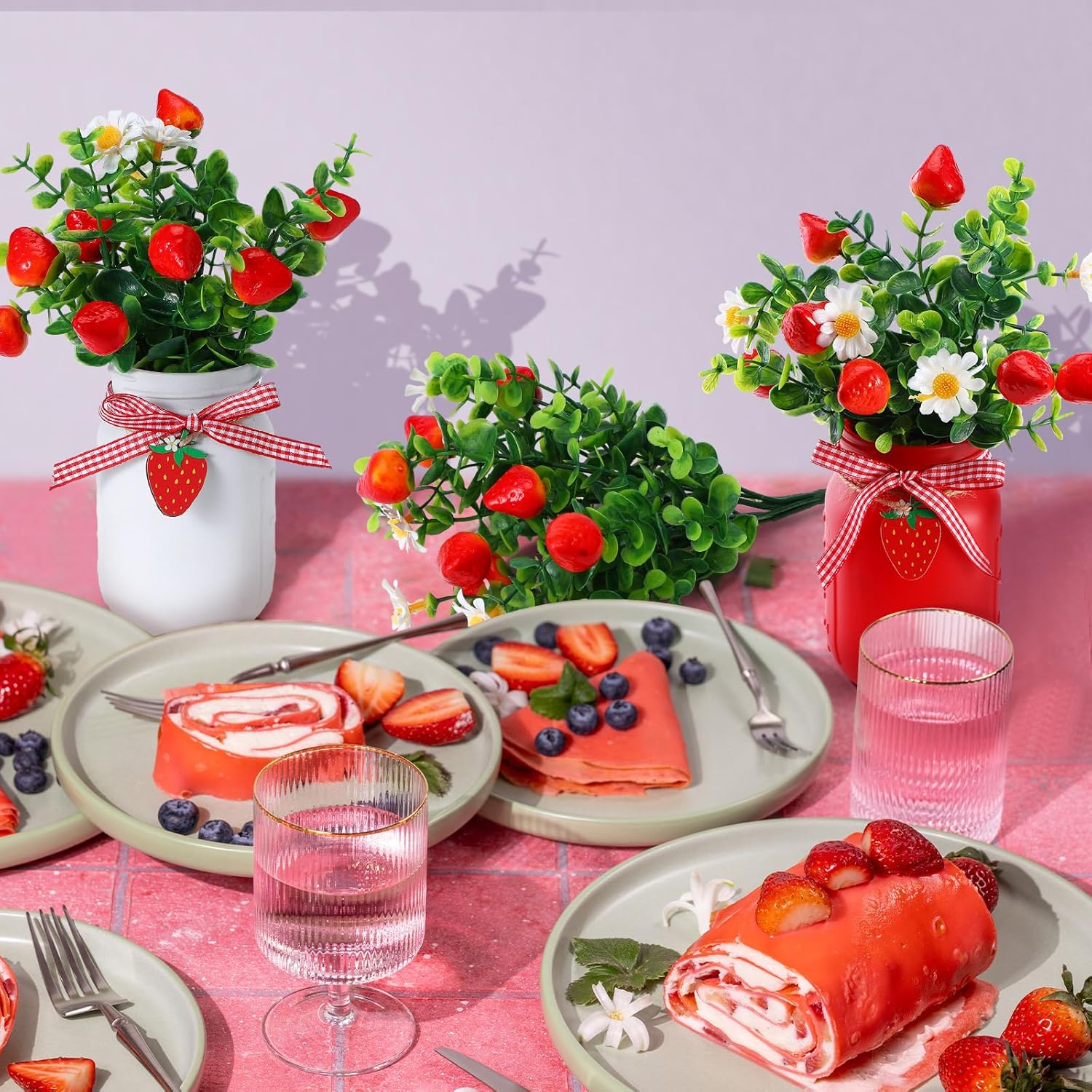 Lyrow 6 Pack Strawberry Mason Jar Table Centerpiece Faux Strawberry Christmas Mason Jar Winter Centerpiece for Table Farmhouse Decoration for Xmas Home Tiered Kitchen Tray Decoration