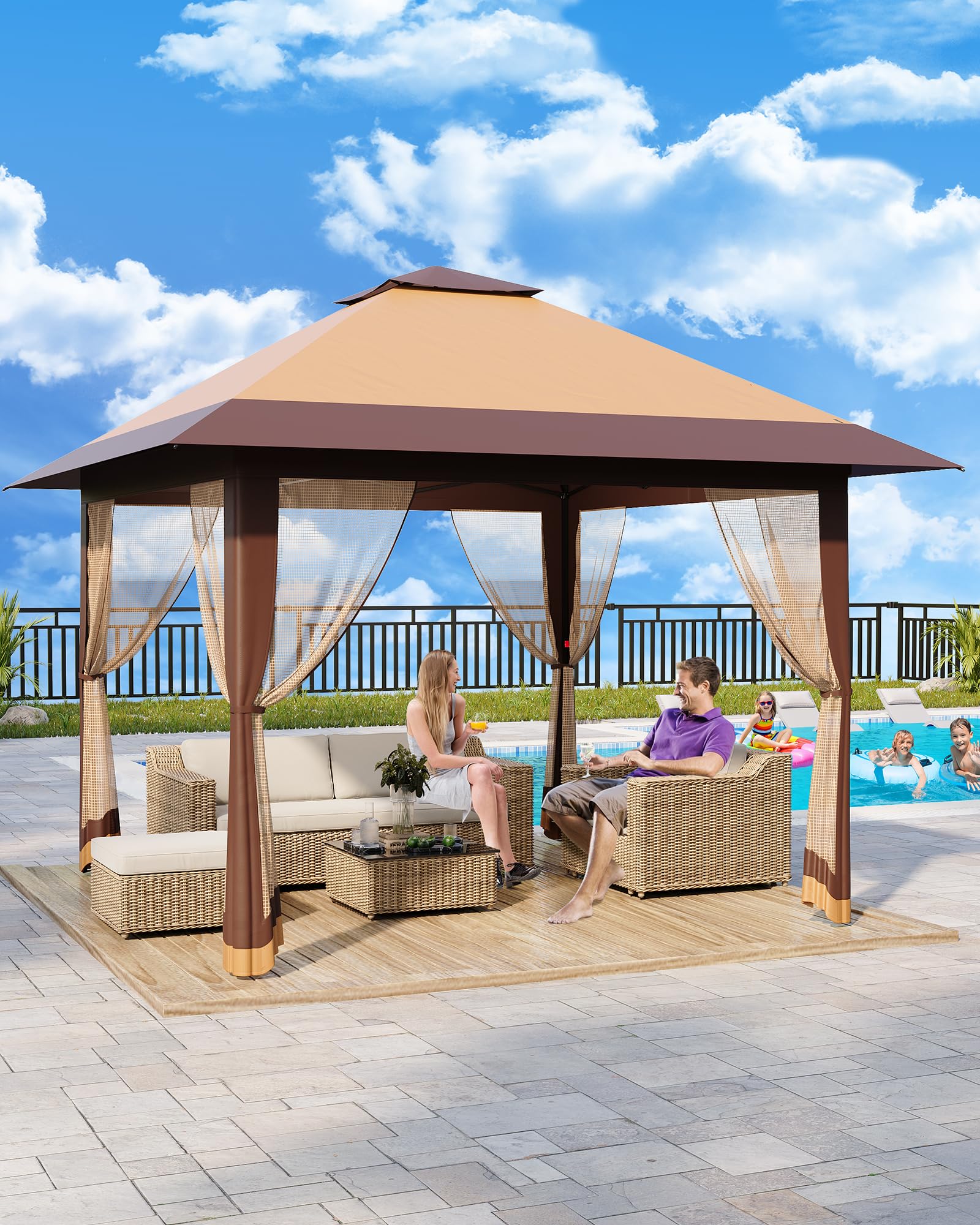 Gazebo Pop-Up 13x13 ft Esterno Con Doppio Tetto Ventilato e Zanzariera Integrata, Altezza Regolabile, Impermeabile e Protetto UV, Adatto Per Feste, Barbecue, Patio e Prato