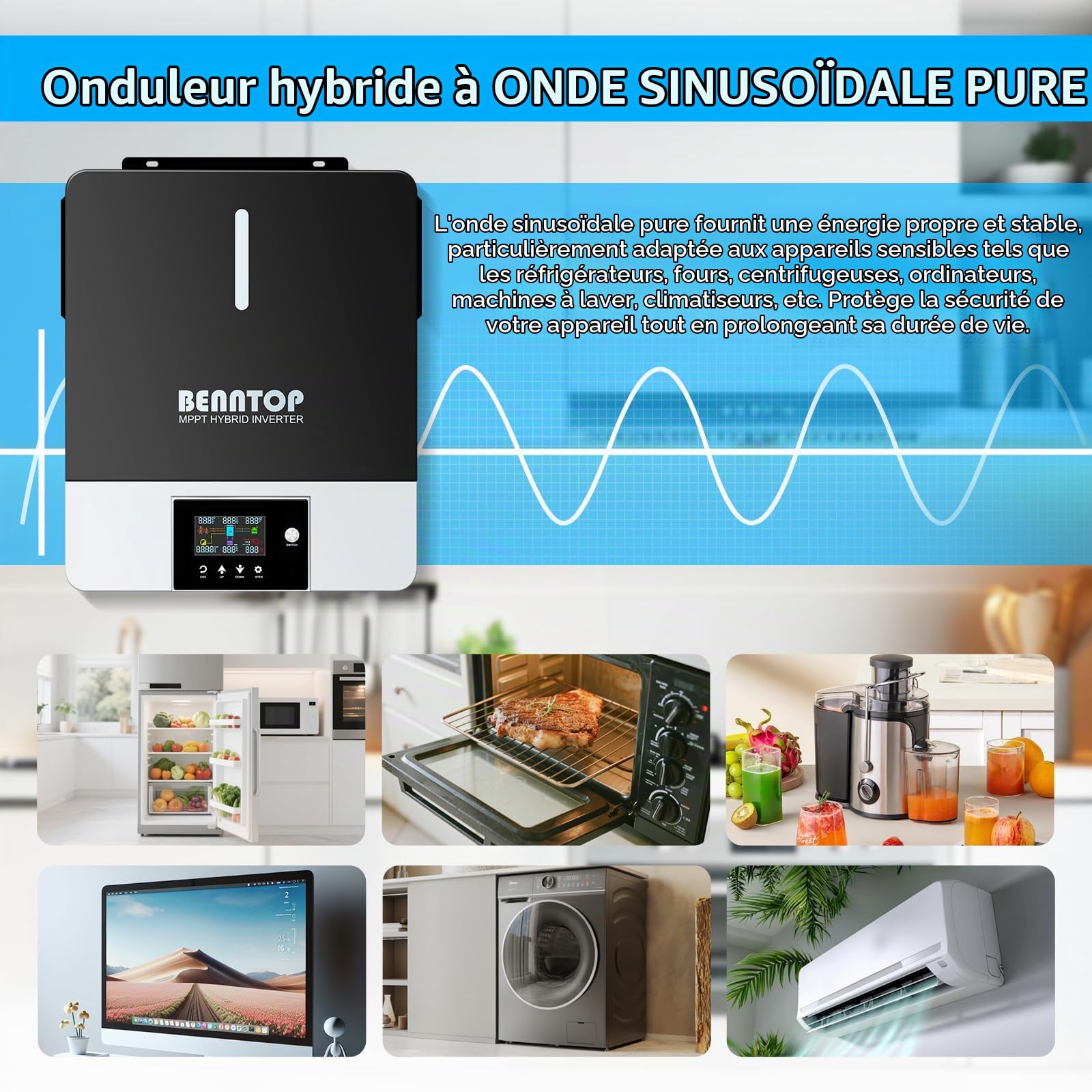6200W Onduleur Solaire Hybride 48V 220/230V Pure Sine PV Max.500V avec 120A MPPT contrôleur de Charge Solaire Pure Sine Off-Grid Wave Inverter for Lead Acid and Lithium Batteries (6200EU48)