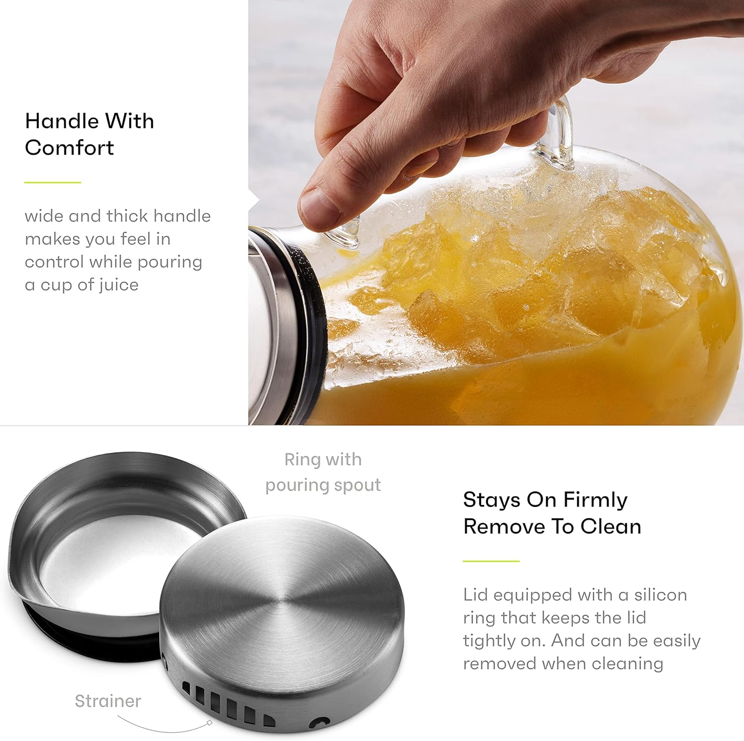 MITBAK 84- OZ Glass Pitcher With Stainless Steel Lid | Beautiful Lightweight Beverage Jug Carafe With A Wide Handle | Great For Cold & Hot Drinks Like Tea, Lemonade, Juice, Water, Coffee, Cold Brew