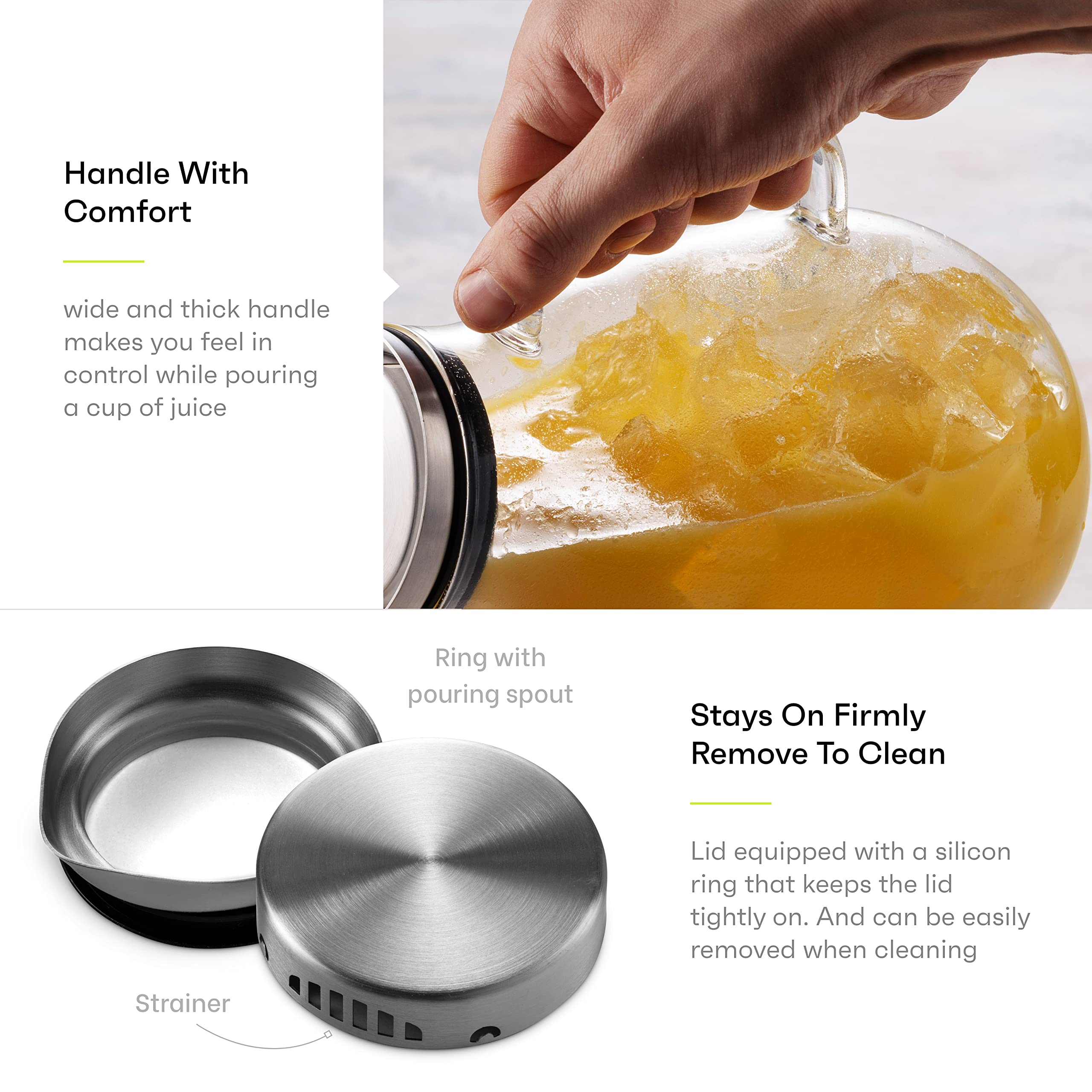 Glaskrug mit Edelstahldeckel, schöne leichte Karaffe mit breitem Griff, ideal für kalte und heiße Getränke wie Tee, Limonade, Saft, Wasser, Kaffee, Kaltgebrüh