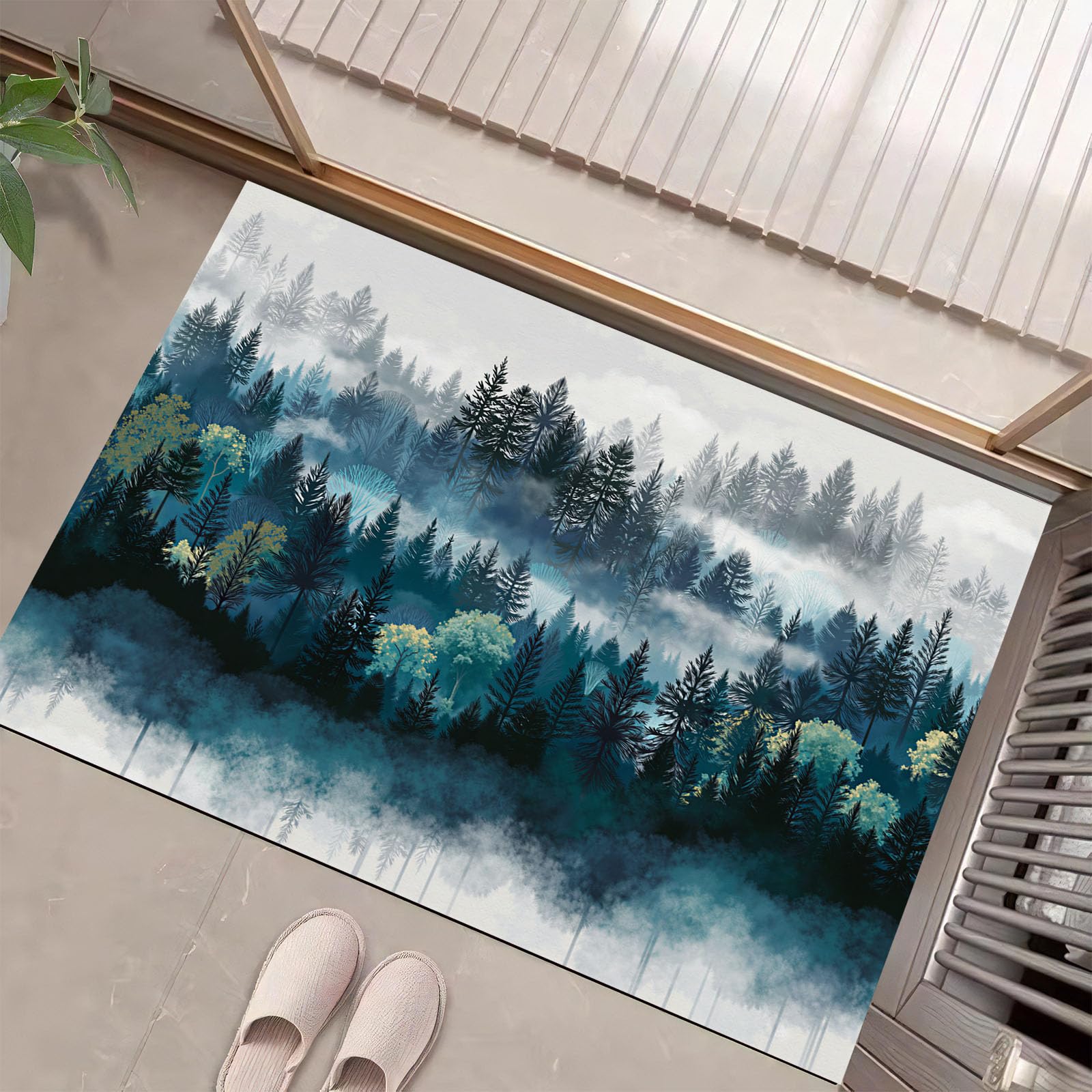 Fußmatte Schmutzfangmatte Innen mit Weißer Nebliger Tannenwald, rutschfeste waschbare Fußmatte, Ruhiger Wald Eingangstürmatte mit wasserabsorbierenden Eigenschaften - 80x120cm