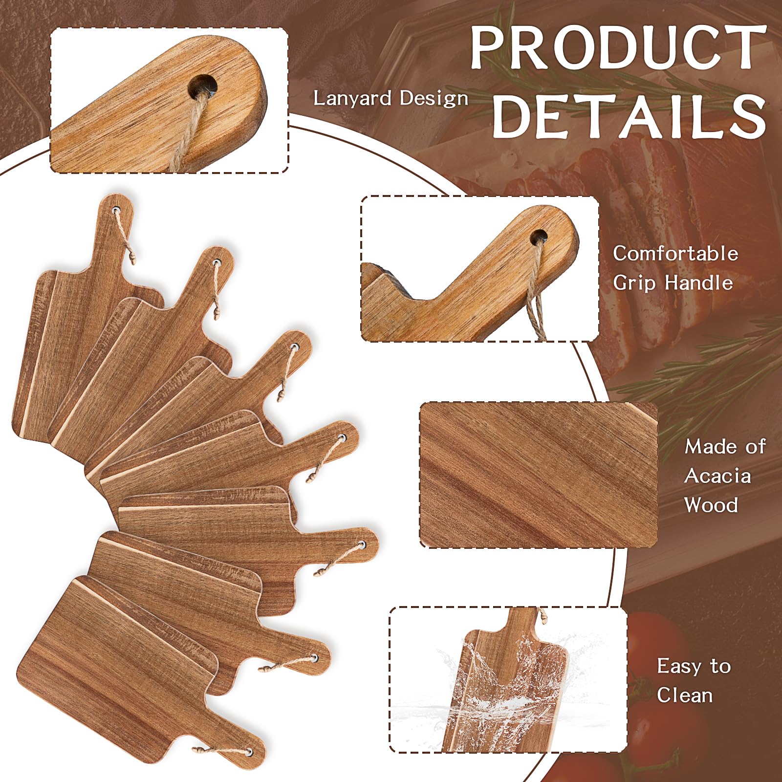 10 Stück Schneidebretter aus Akazienholz mit Griff und Seil, 30 × 15 cm Servierbretter im Set Holzbrett zum Schneiden und Servieren von Gemüse Fleisch Käse Pizza Obst Brot