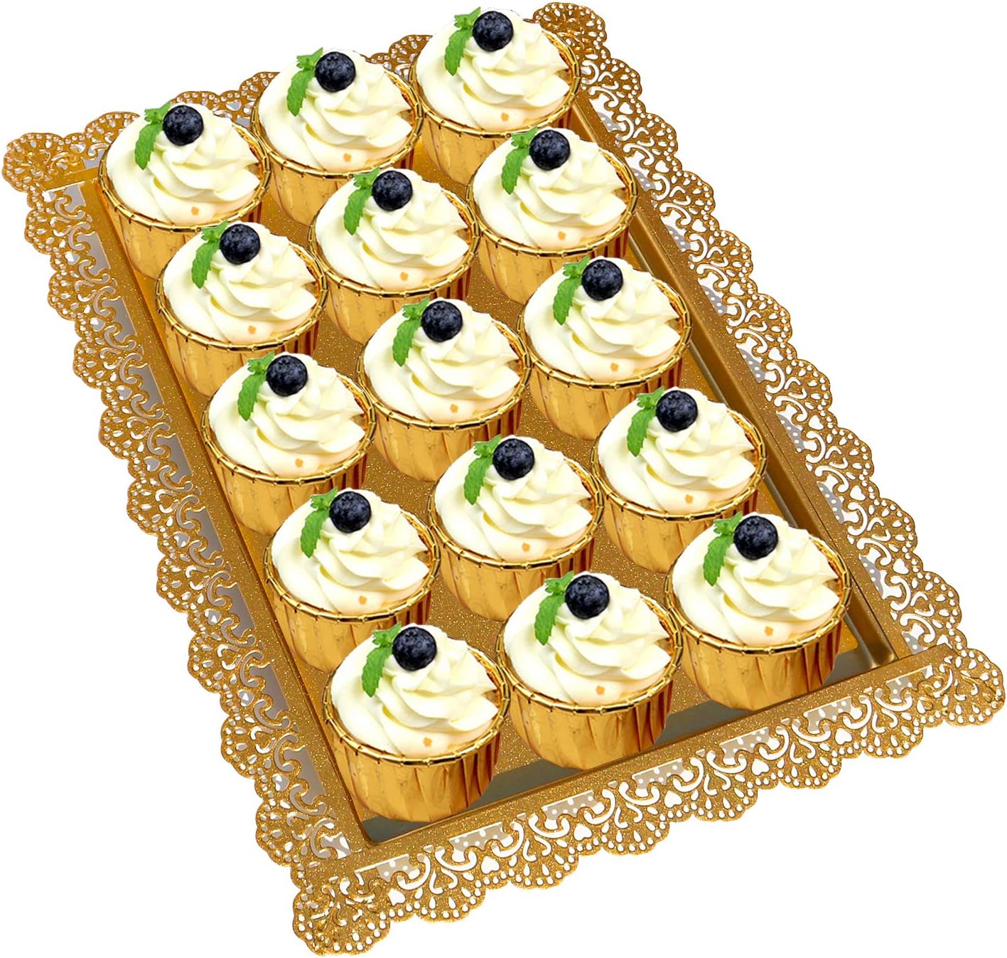 2Pcs Rectangle Iron Cupcake Serving Tray Fruit Dessert Plates for Party Anniversary Wedding Christmas Baby Shower (Gold)