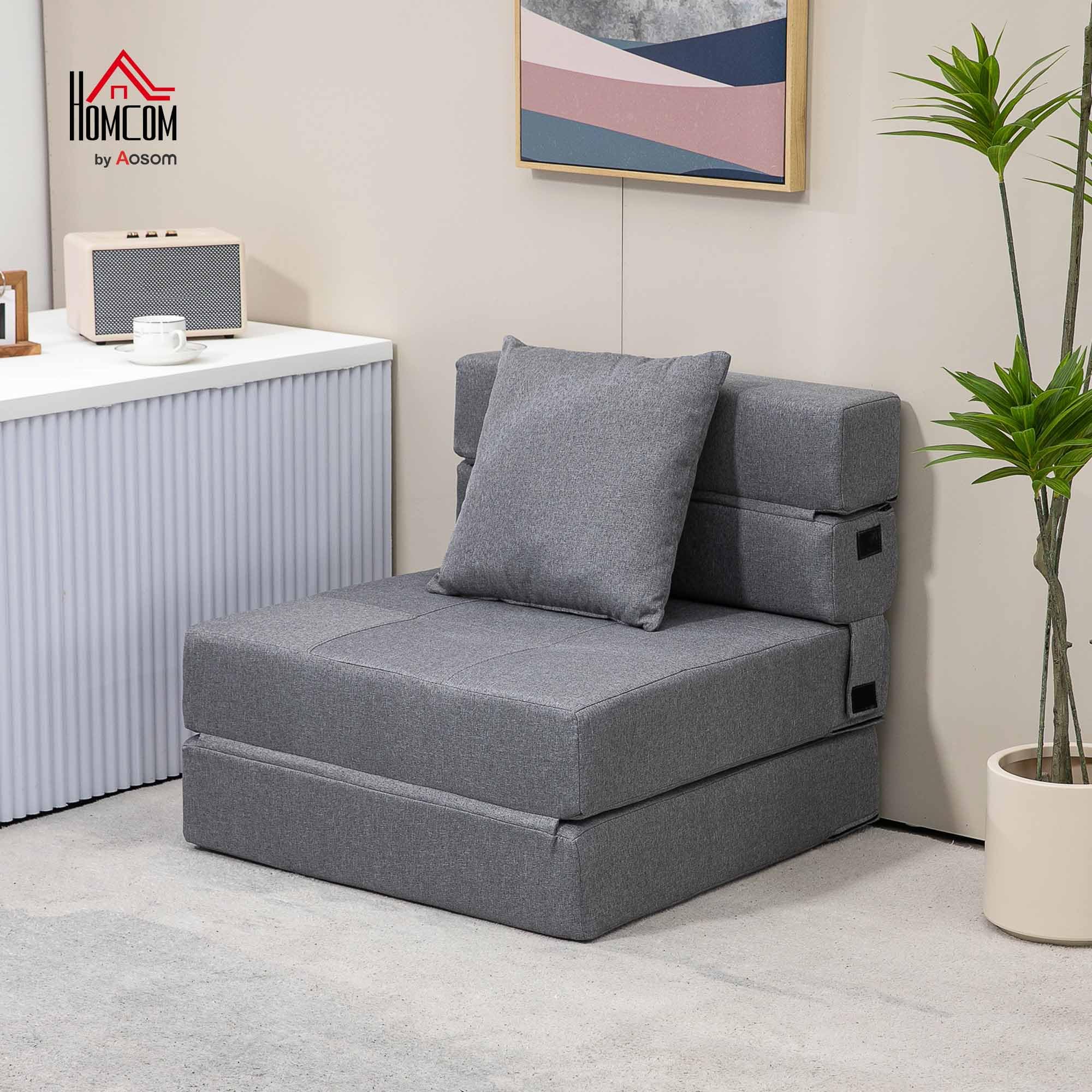 HOMCOM Divano Letto Futon Pieghevole 2 in 1 Convertibile con Cuscino Lavabile, Pouf Letto Singolo da Terra Poltrona Letto Salvaspazio in Tessuto Cotone Traspirante per Casa Yoga Lettura, Grigio Chiaro