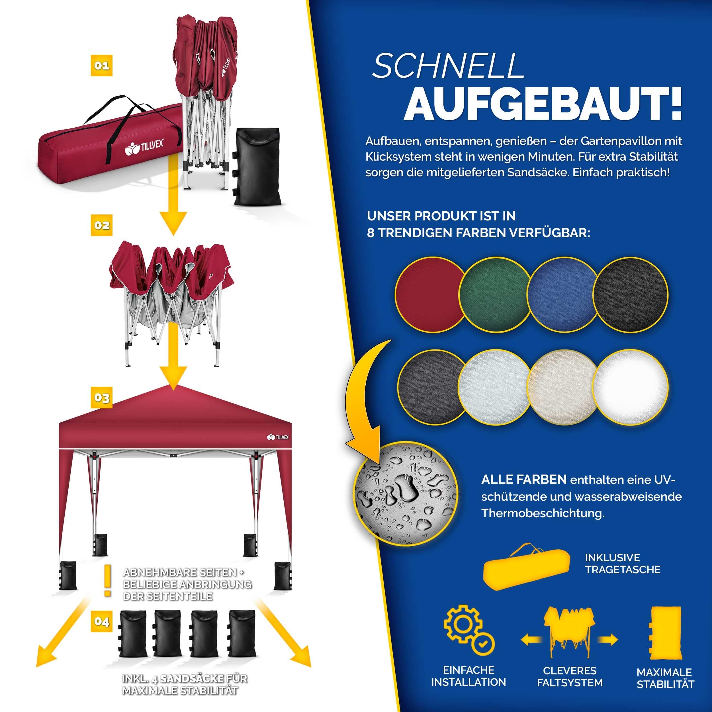 tillvex Pavillon 3x3m wasserdicht + 4er Set Sandsäcke | Pop-Up Faltpavillon stabil & höhenverstellbar | Gartenzelt UV Schutz 50+ | Partyzelt mit Tasche für Garten (Rot)