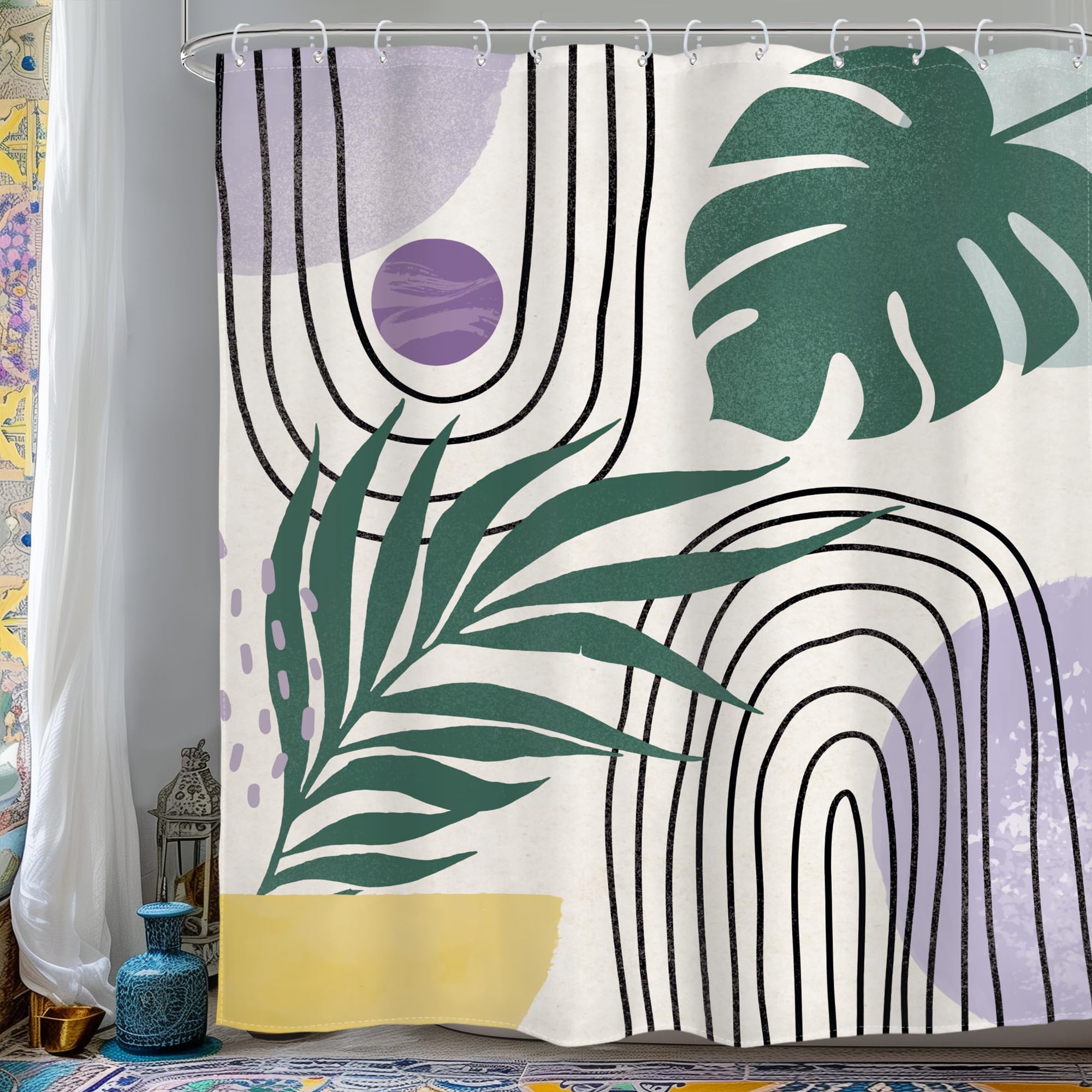 Glawry Boho Purple Shower Curtain Abstract Plant Tropical Palm Leaf Modern Minimalist Arch Geometric Bathroom Modern Mid Century 60Wx72L Inches Bath