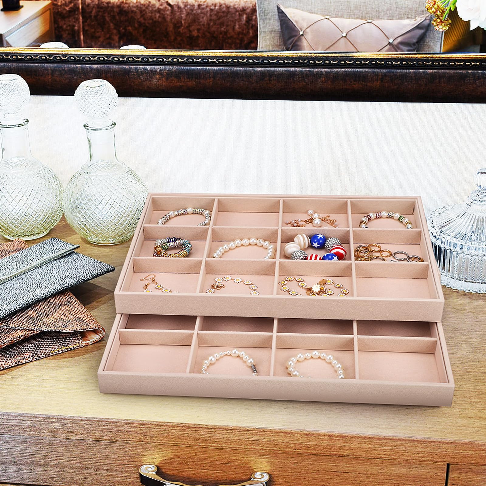 Bandejas para Joyas de Terciopelo 2 Unidades Organizador 12 Compartimentos Ajustables Bandeja para Exhibición y Almacenamiento de Anillos Collares y Pulseras Uso Doméstico y