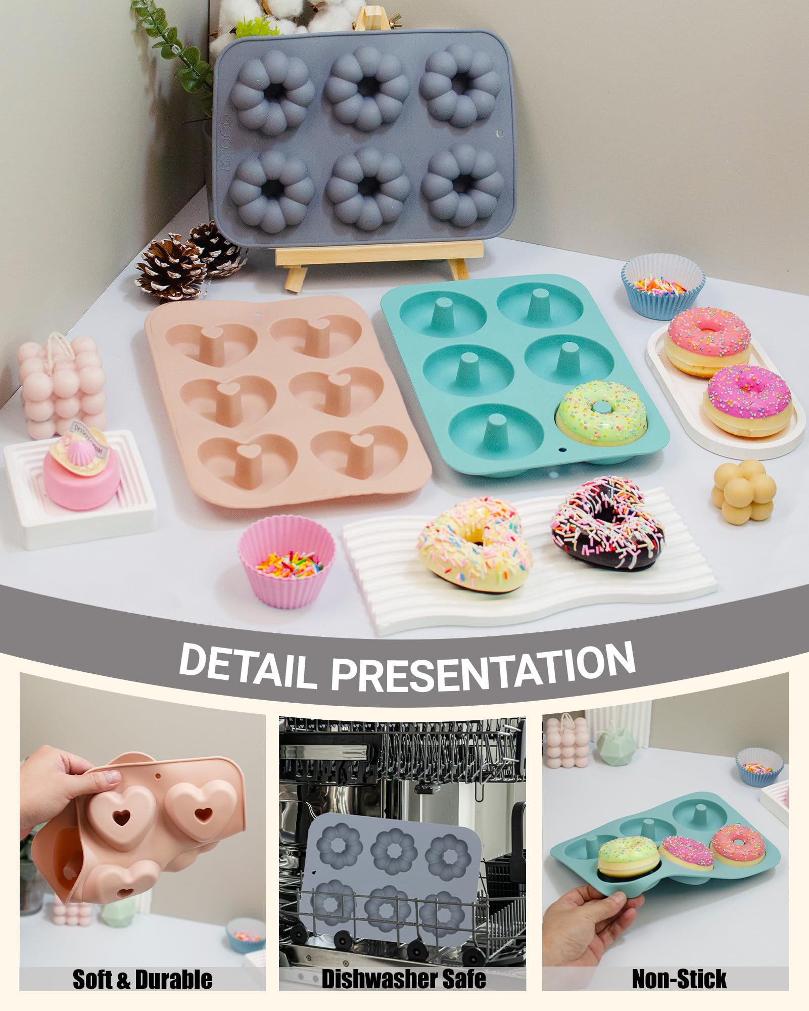 Paquete de 3 moldes de silicona para donas para hornear, molde antiadherente para donas, 6 Cavity Heritage Bundtlette Cake Molde de silicona para hornear (azul + gris + rosa) 3