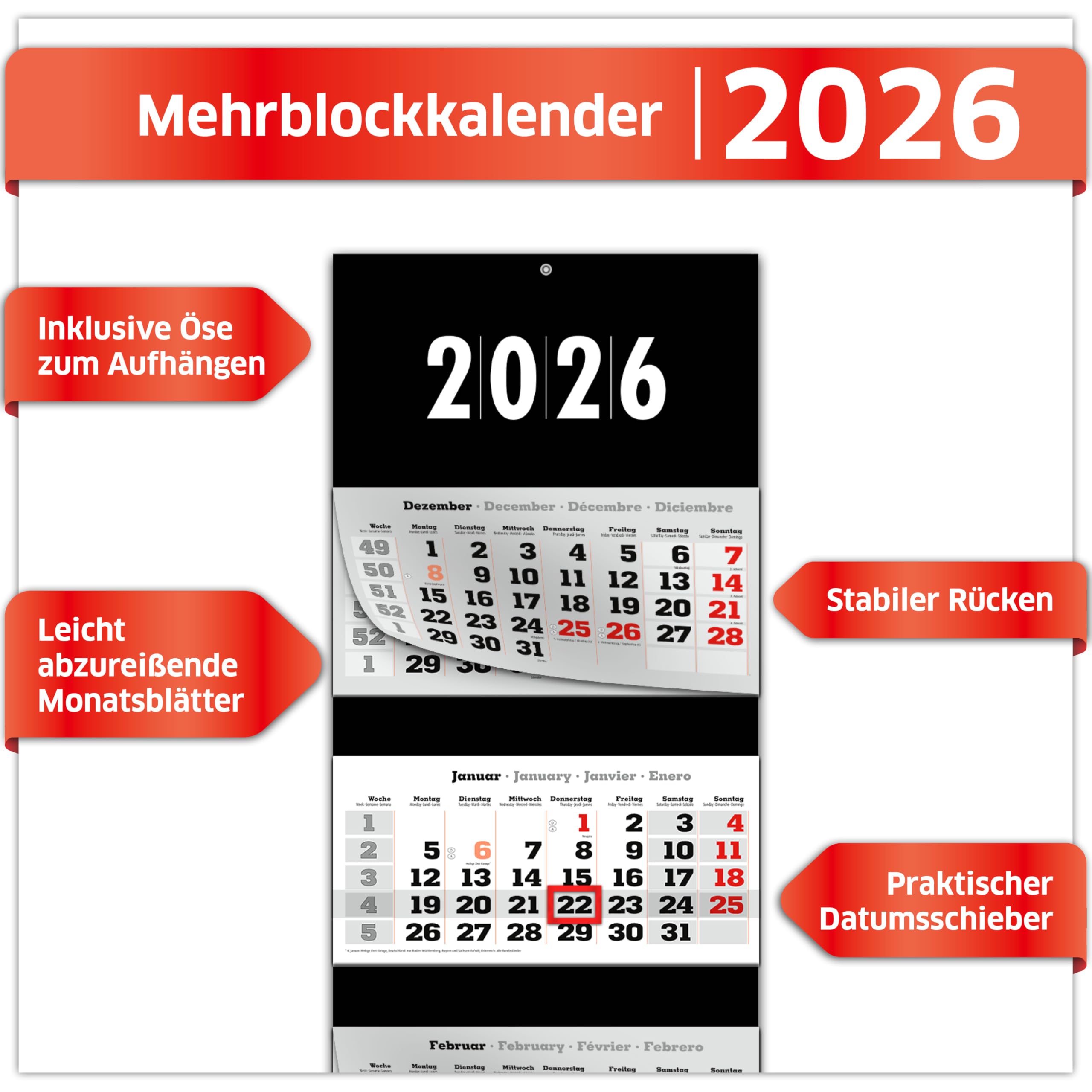 PRIMUS PRINT Calendario XXL 2026 – Calendario de pared – Calendario de pared de 4 meses – con fecha deslizante, calendario para colgar, incluye días festivos y vacaciones, varios diseños – [1 x negro]