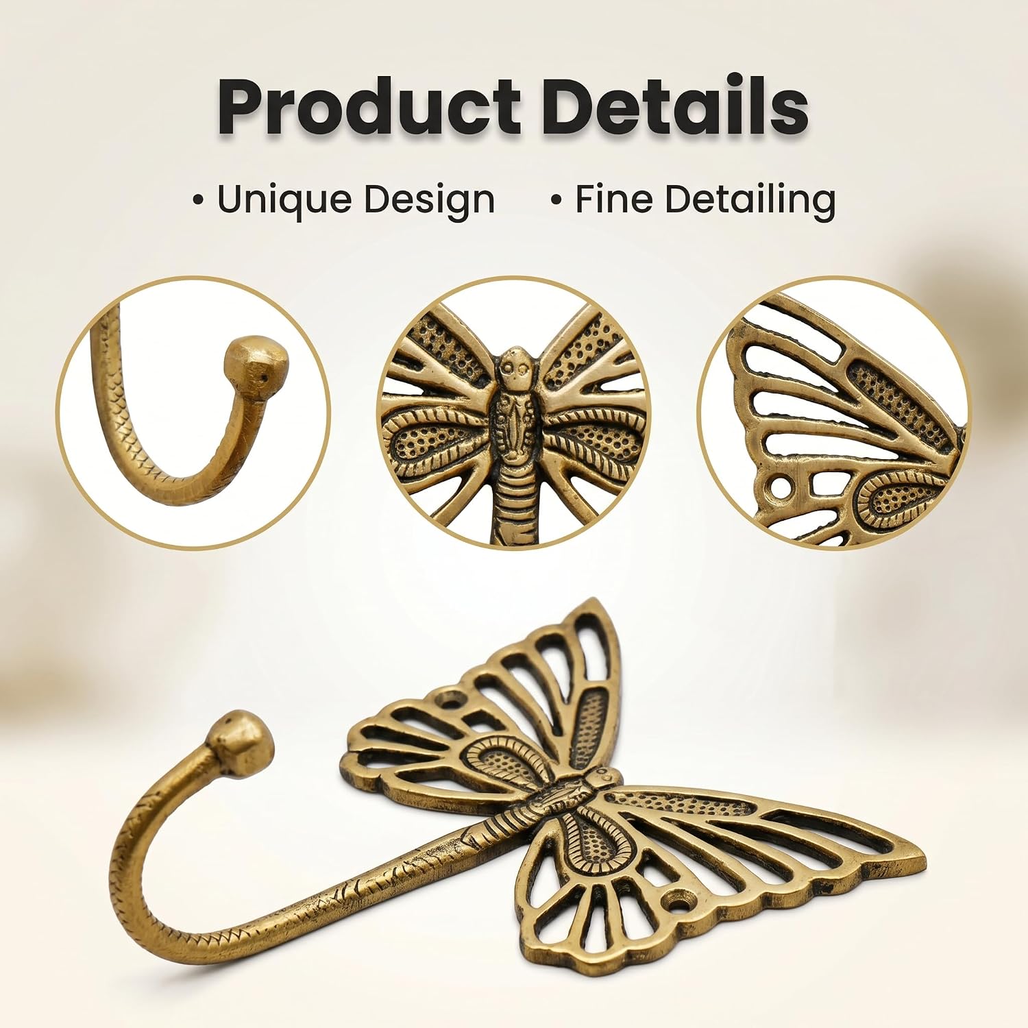 Indian Shelf 33 Lb. Solid Brass Butterfly Wall Hooks - Vintage Gold Decorative Hooks for Coats, Backpacks- Cute Heavy Duty Hangers for Kids Room, Entryway, Kitchen, Mudroom - Pack of 3