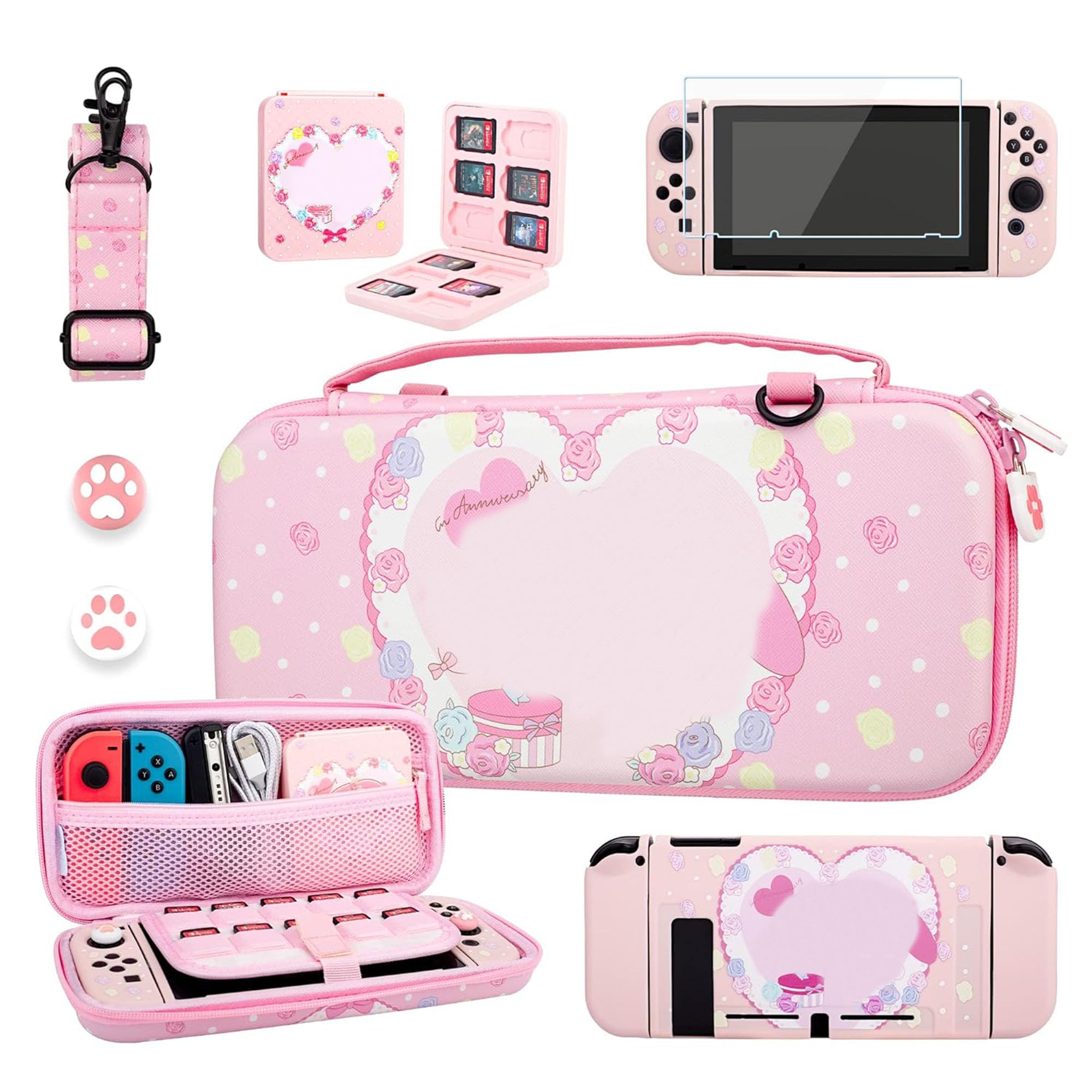 RHOTALL custodia da trasporto per Nintendo Switch, rosa custodia da viaggio accessori per Switch con guscio protettivo, tracolla, custodia per carte di gioco, protezione schermo e 2 tappi per pollice