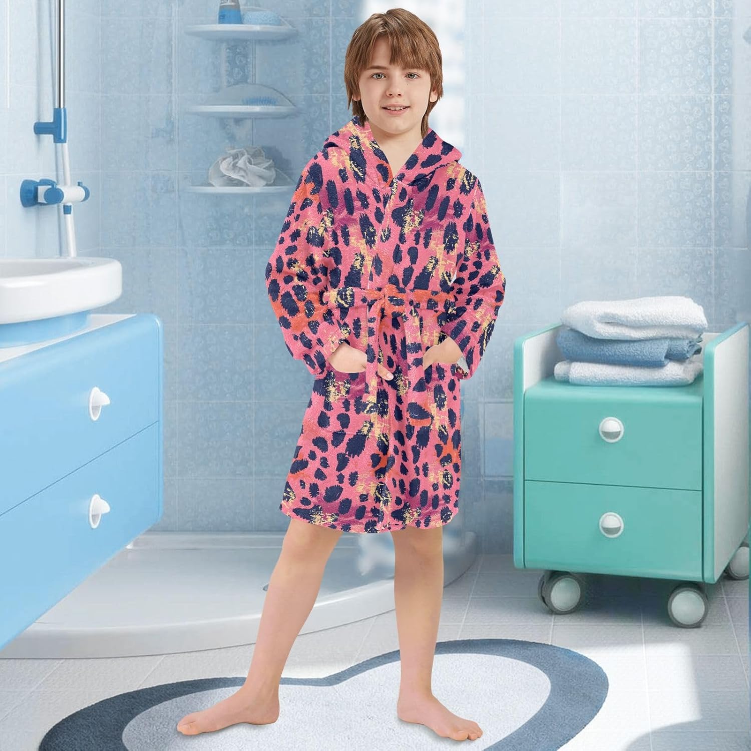 senya Orange Leopard Print Toddler Hooded Bathrobe Kids Soft Plush Bath Towel Robes for Boys Girls 2-12 Years