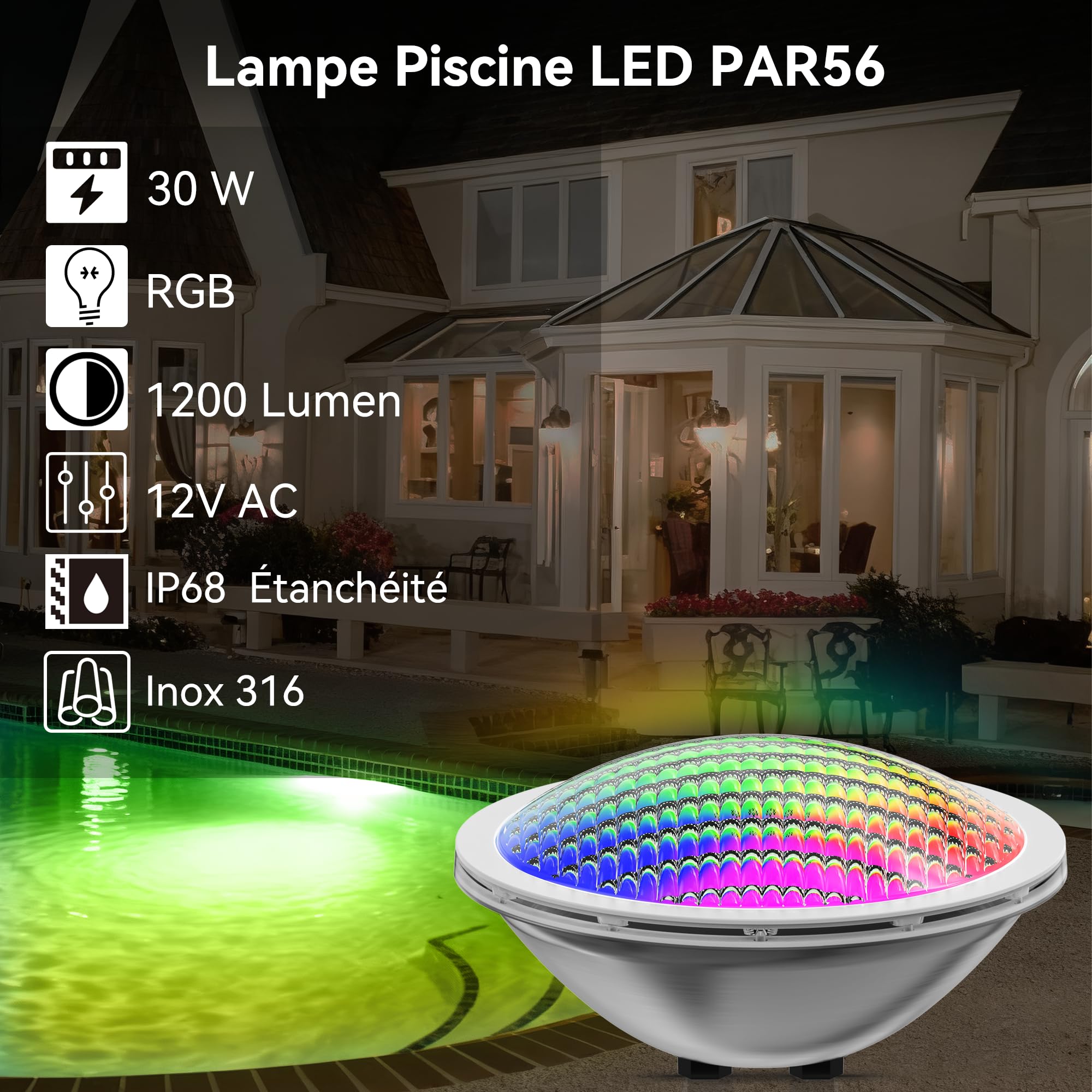 LyLmLe LED Piscine PAR56 30W Projecteur 316L Acier Inoxydable RGB Multicolore IP68 Etanche AC 12V Lot de 2