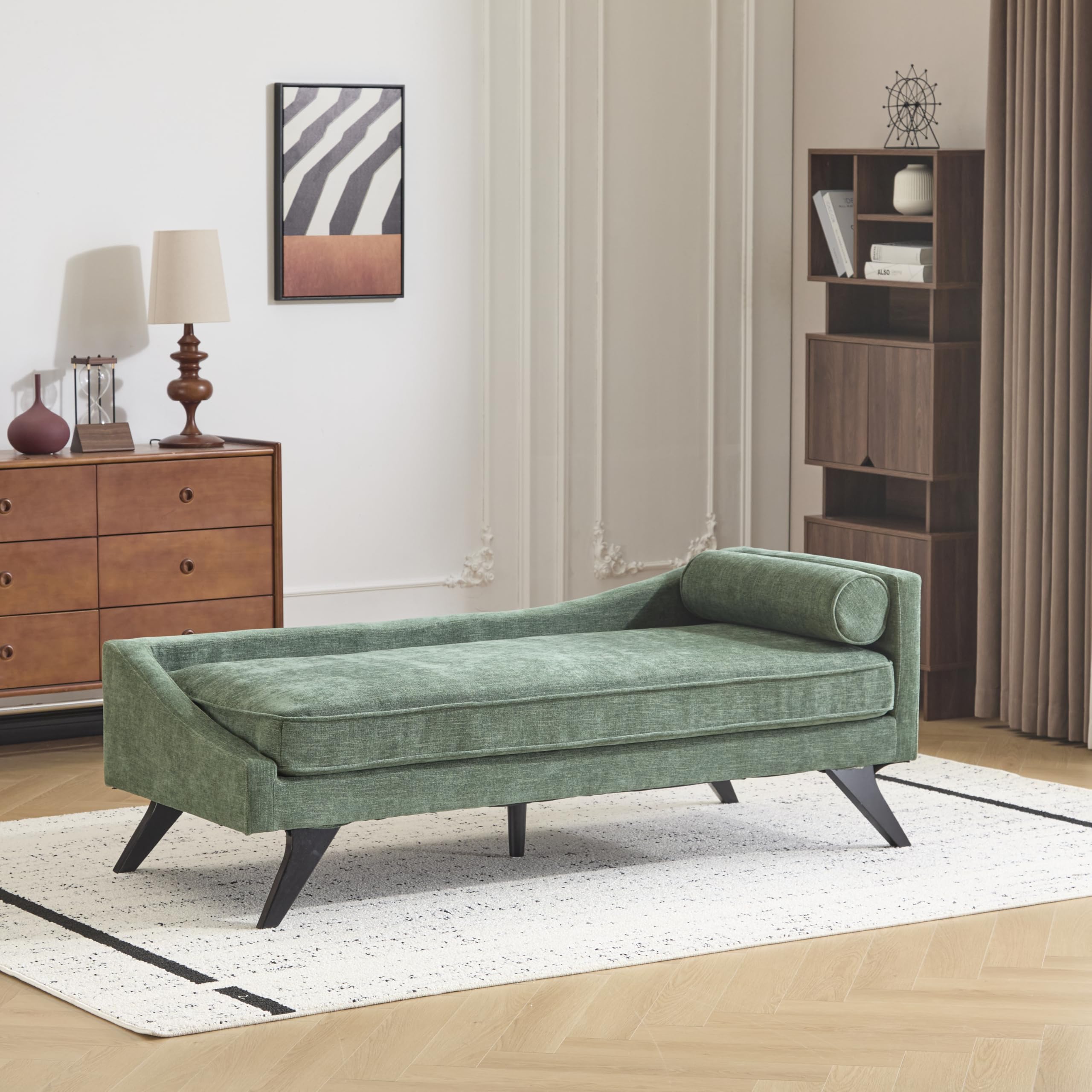 GDFStudio Modern Fabric Chaise Lounge with Rolled Accent Pillow, Birch Wood Splayed Legs, Comfor Polyester Upholstered Sofa for Living Room, Bedroom, Lounge, or Home Decor, 68" L x 27.5" W Green