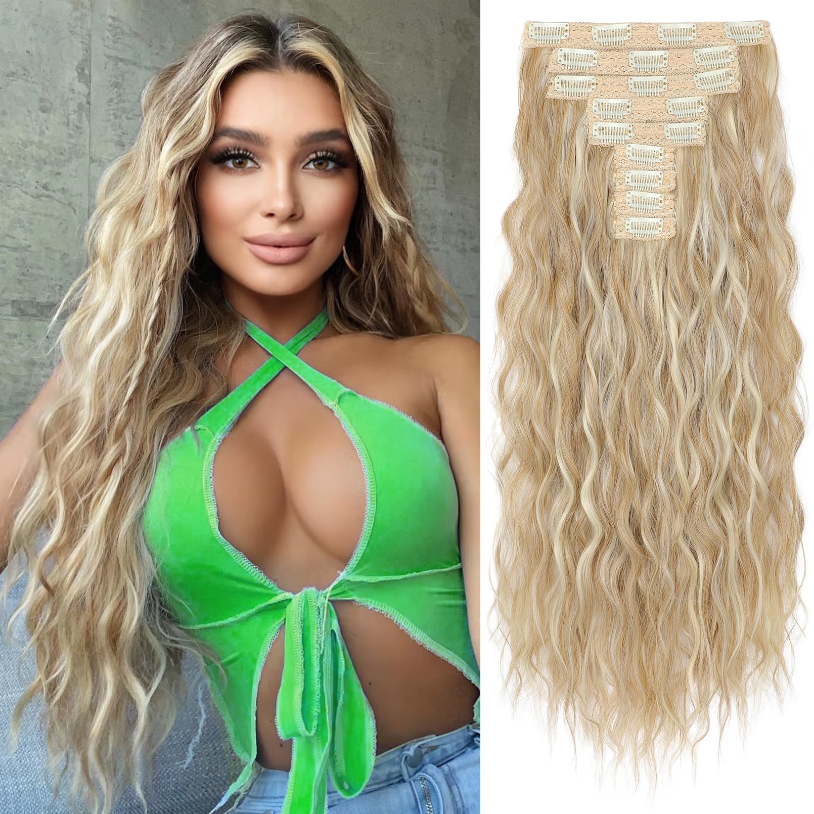 REECHO Hair Extensions, 9PCS Blonde Clip in Hair Extensions 24" Thick Long Mini Mermaid Wave Luxurious Lightweight Japanese Technology HYOUITSU Fiber