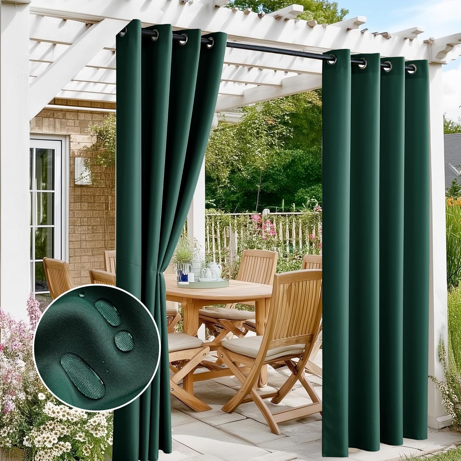 RYB HOME Pergola Outdoor Curtains Weatherproof Sun & UV Block Privacy Protection Outside Drapes for Cabana Patio Porch Gazebo Swimming Pool, Hunter Green, W55 x L96 inches, 2 Panels