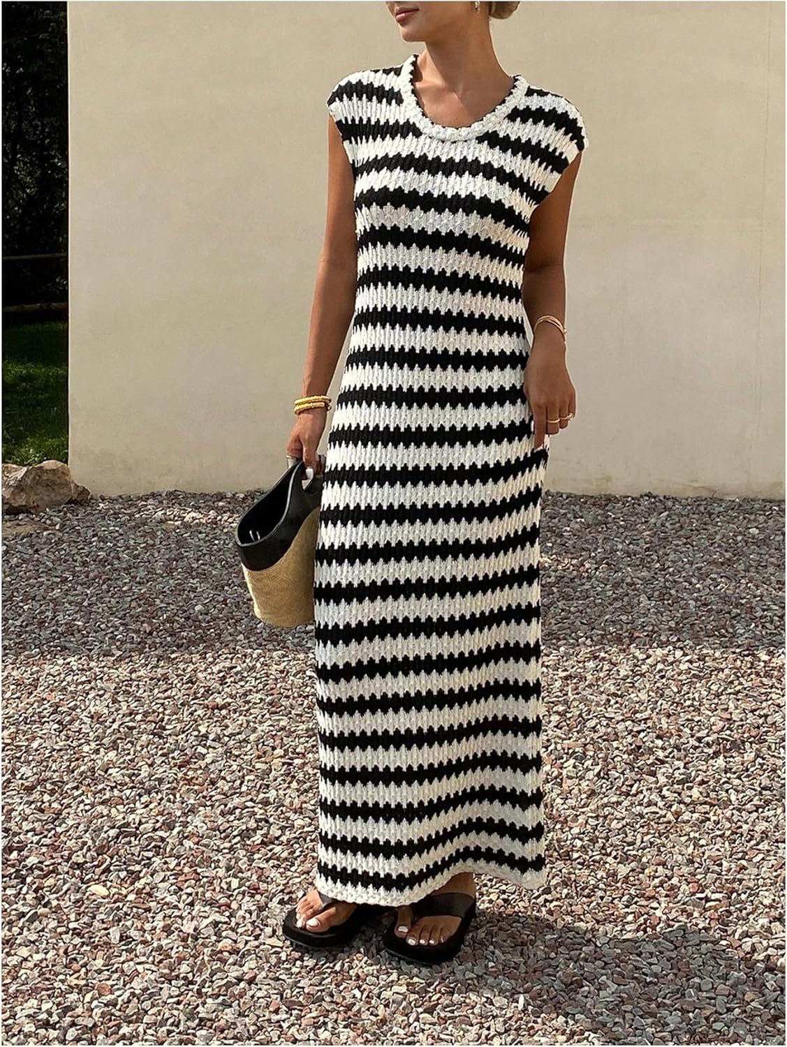 Verdusa Women's Fall Dress Striped Cap Sleeve Lightweight Vacation Knit Maxi Dresses - Image 4