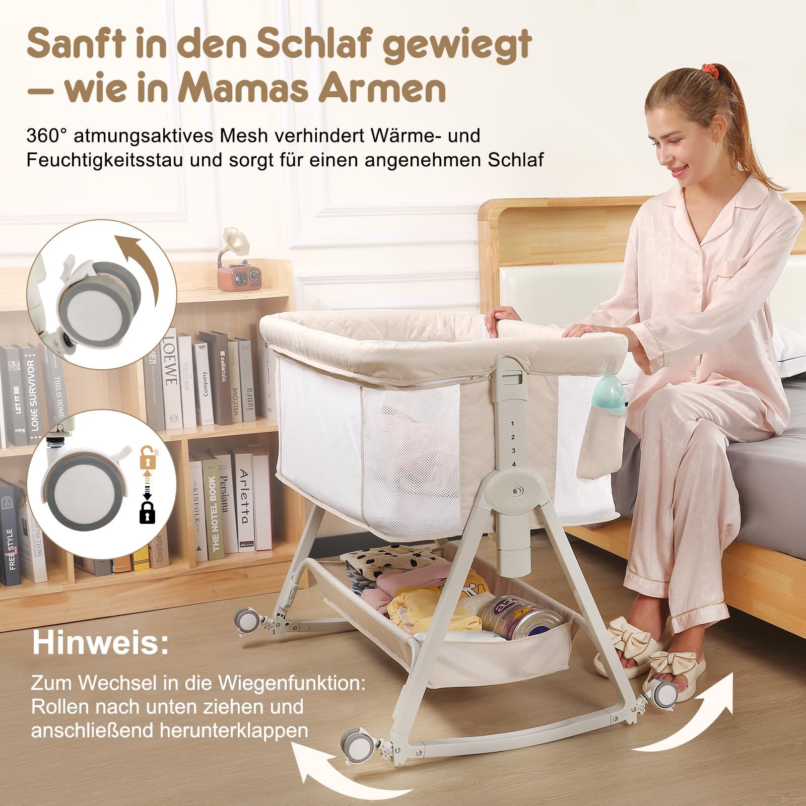 Baby Beistellbett 4-in-1 mit Wiegefunktion, Stubenwagen, 6-Fach Höhenverstellbar, 360° Atmungsaktives Netz für Neugeborene bis 12 Monate