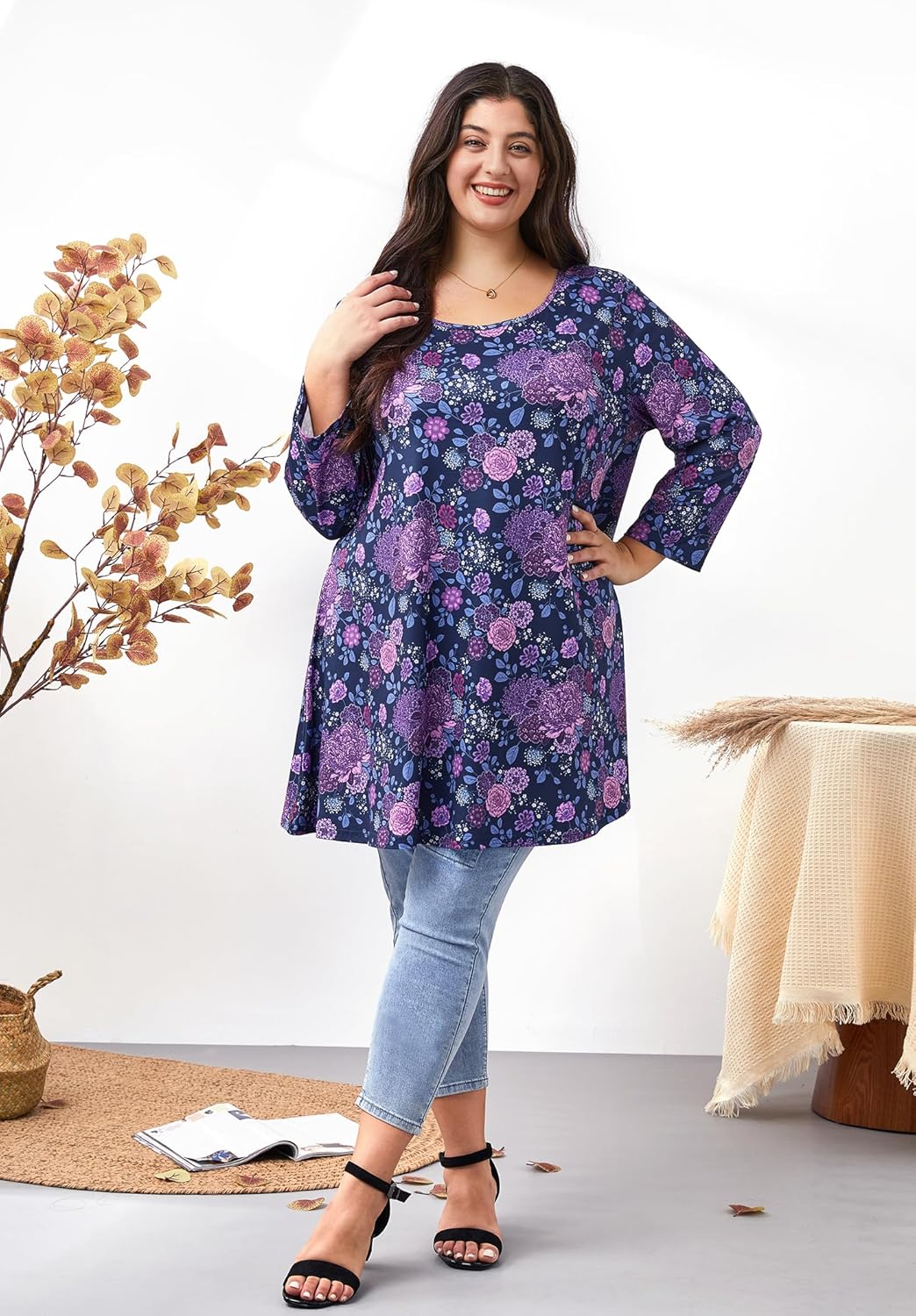 Plus Size Tunic Tops for Women 3/4 Sleeve Loose Fit Swing Tunics Dressy Casual Floral Top to Wear with Leggings - Image 6